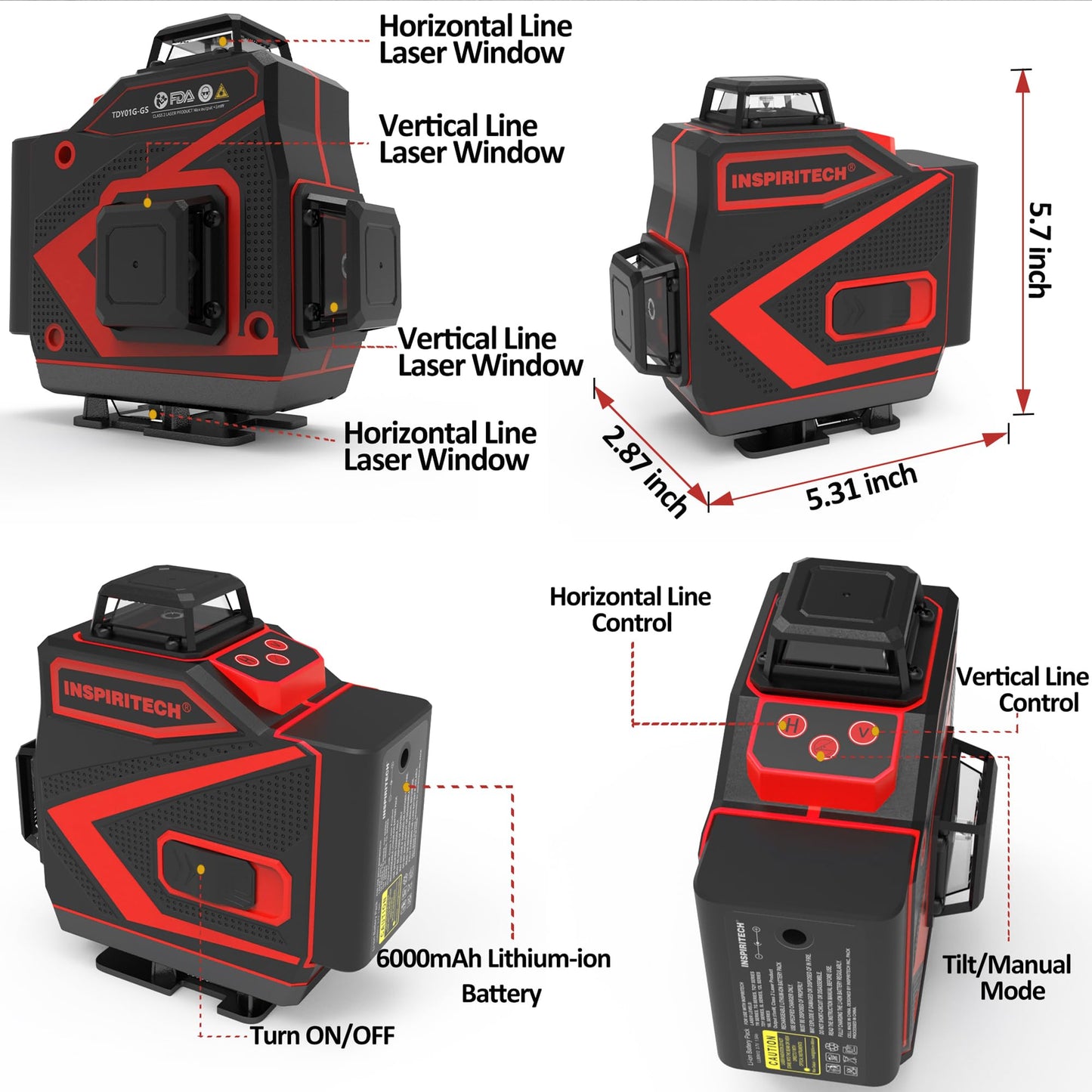 INSPIRITECH Tile Laser Level 360 Self Leveling - Floor 4 x 360 Green Beam Cross Line Laser Leveler Tool - 16 Lines Ceiling Nivel Laser for Construction - Hard-Sided Case and 2 Batteries-C