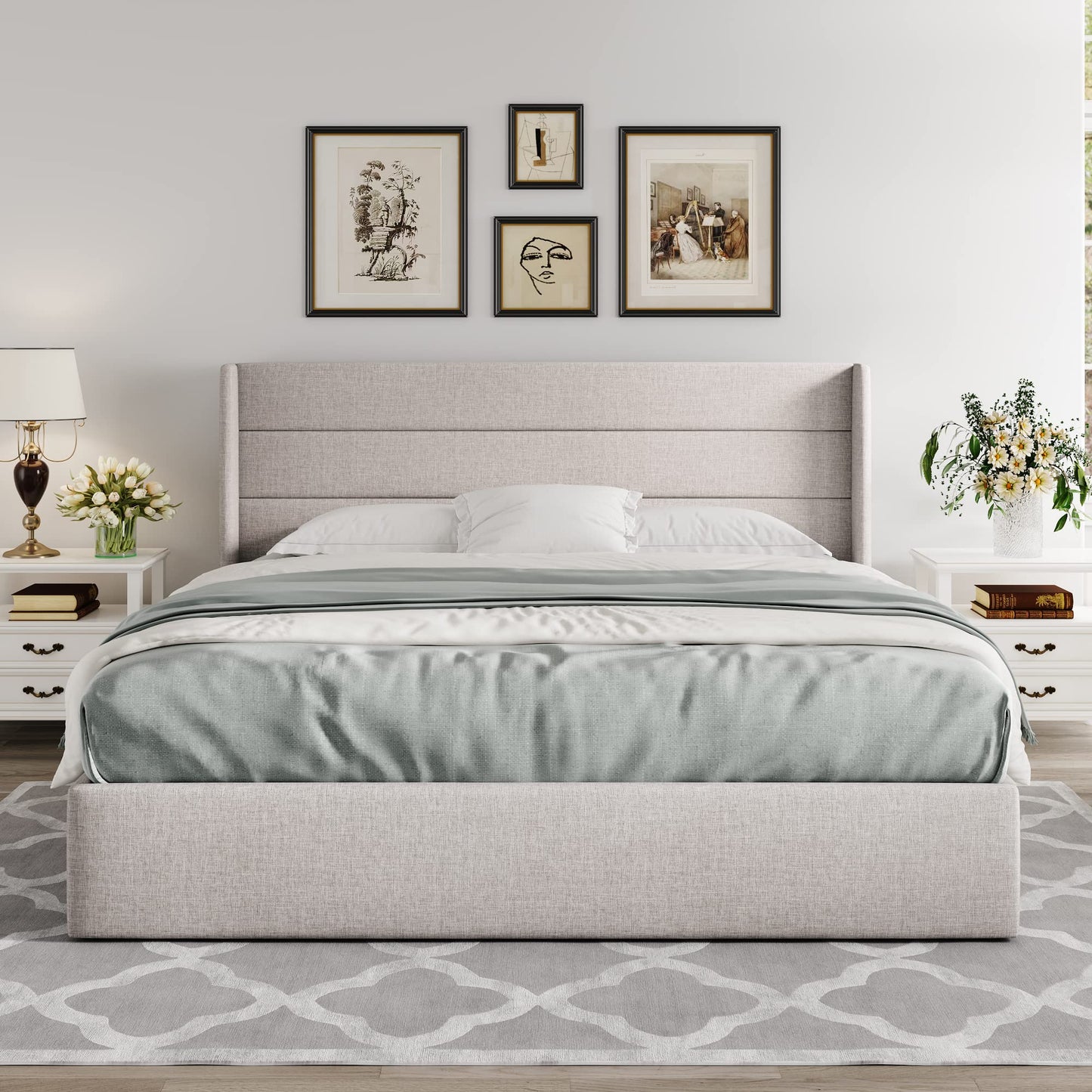 Allewie King Size Lift Up Storage Bed, Modern Wingback Headboard, Hydraulic Support, No Box Spring Needed, Light Beige