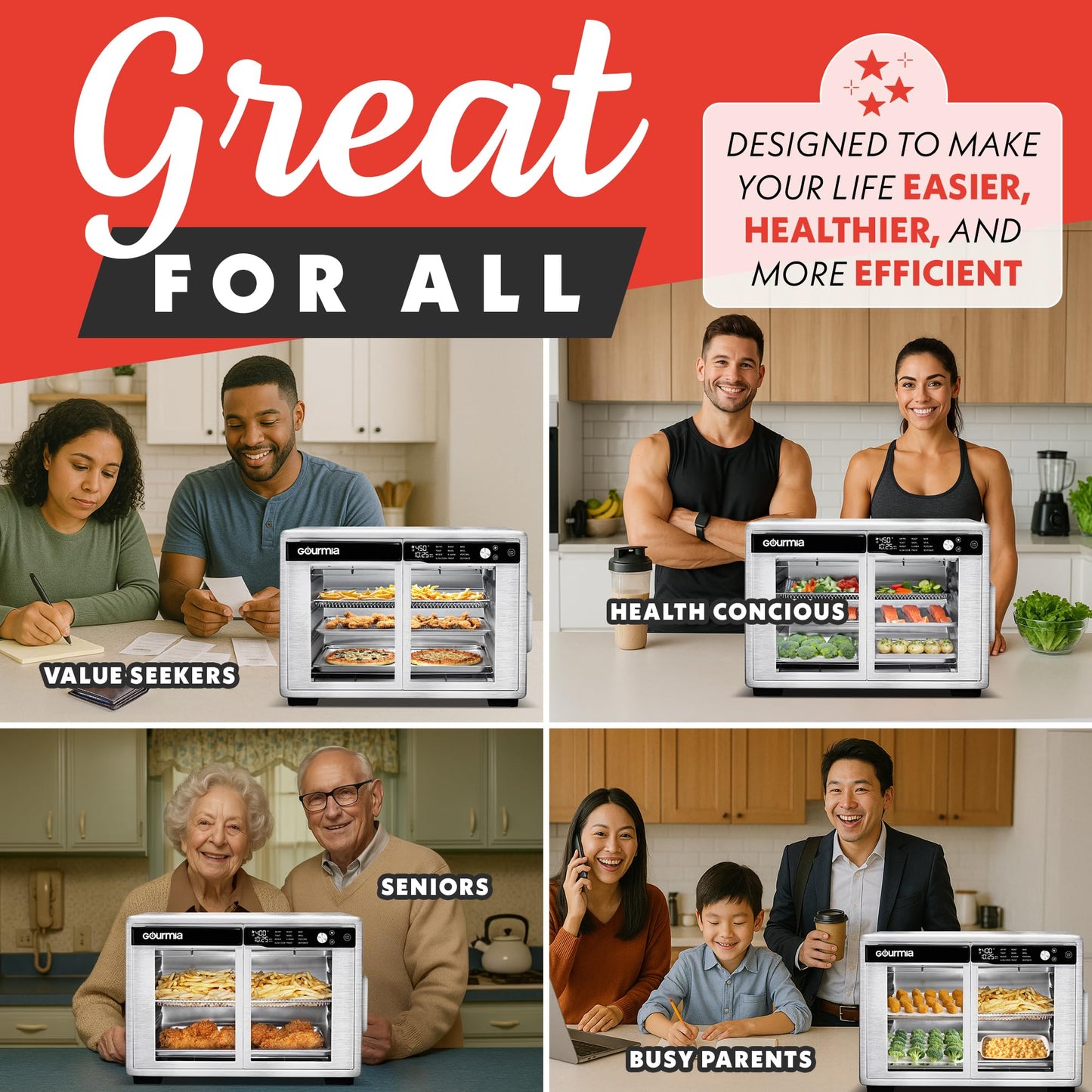 Gourmia French Door Air Fryer Oven - 37 Qt Large Capacity Convection Toaster Oven, FryForce 360°, Digital Display, 12 Cooking Presets, Dehydrate, Fits 13” Pizza, Dishwasher-Safe, Stainless Steel