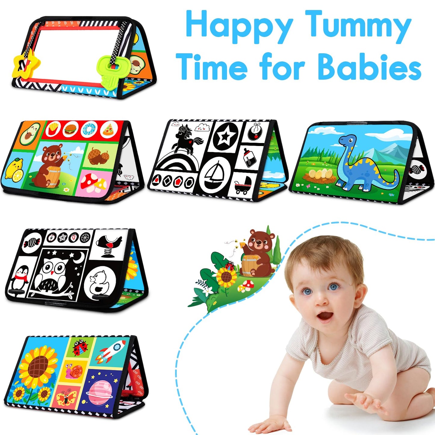 Aboosam Tummy Time Baby Mirror Toys 0-6 6-12 Months - Montessori Infant Toys Brain Development with Crinkle Cloth Book and Teether - High Contrast Newborn Sensory Toys for Babies Boys Girls Gifts