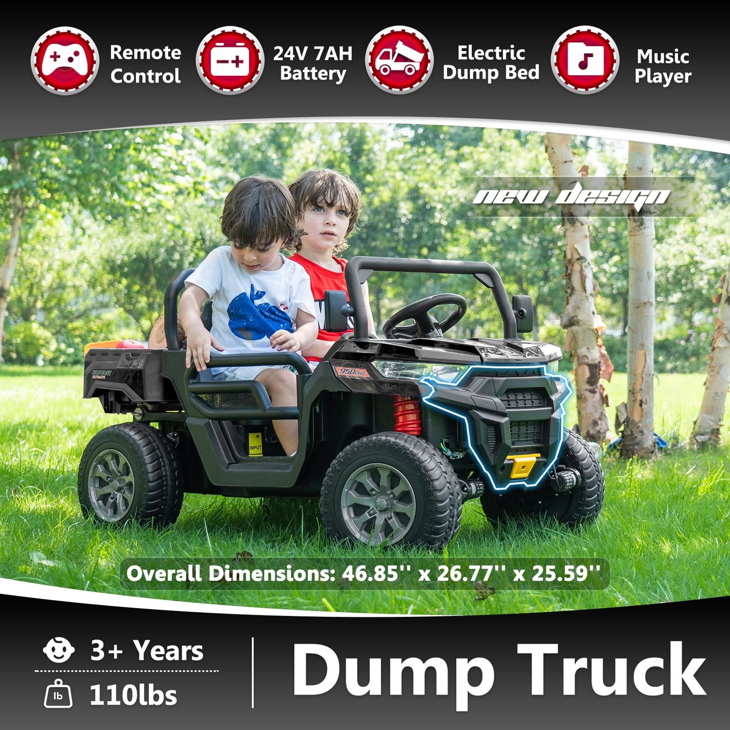 Sopbost 2 Seater 24V Ride On Toys for Big Kids with Electric Dump Bed 4WD Battery Powered Cars for Kids with Remote Control, Ride On Car with EVA Tires Wheels, Shovel, Music, Black