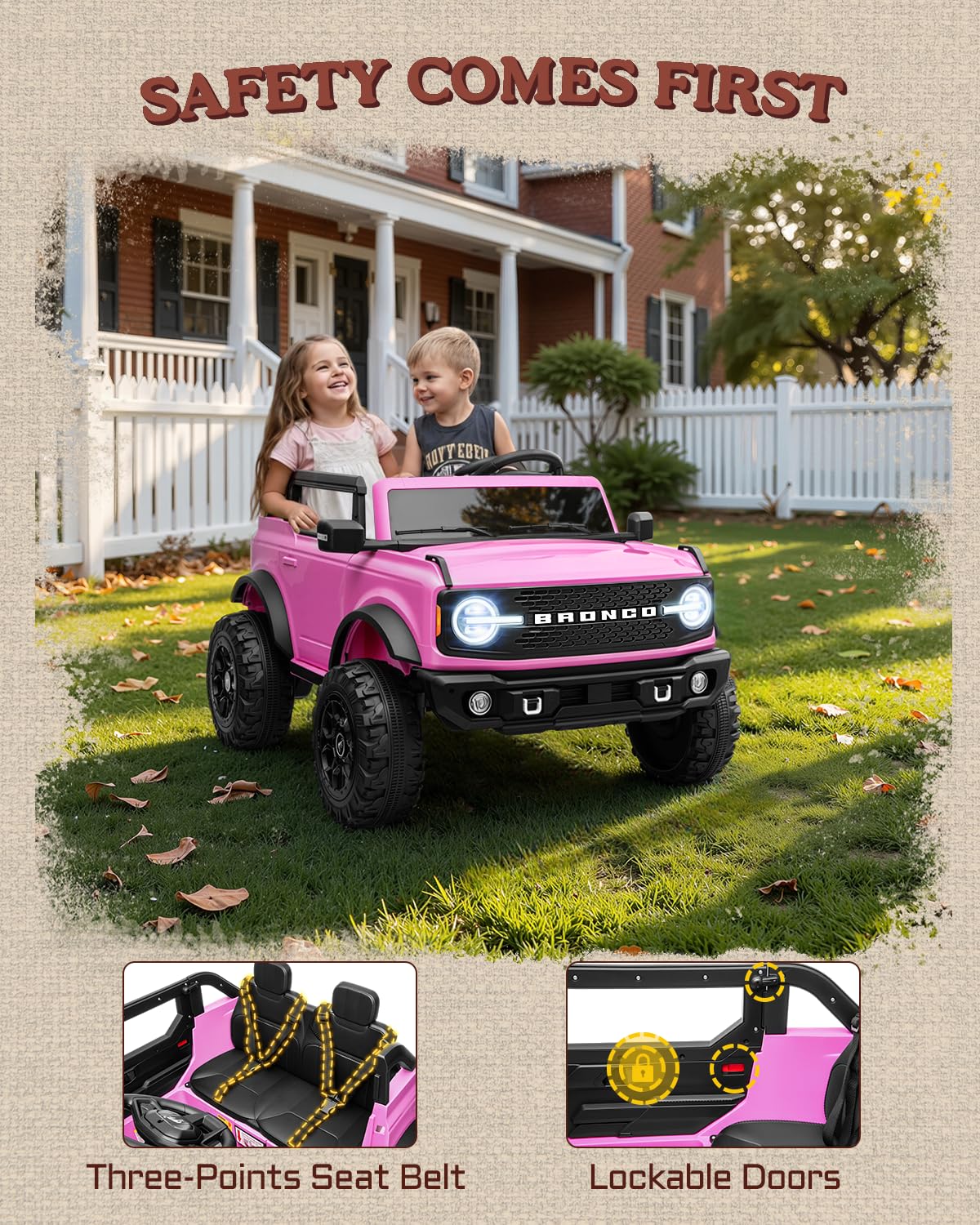 First Ride On 24V Ride on Toys for Big Kids, Licensed Ford Bronco Base 2 Seater Ride on Car with Remote Control, Girl Ride on Truck w/Seat Belts, 3 Speeds, Spring Suspension and Bluetooth (Pink)