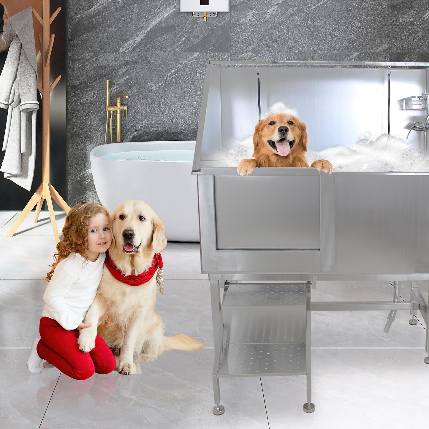 GarveeLife 50 in Dog Grooming Tub, Professional Bathtub with Retractable Stairs, Stainless Steel Pet Grooming Tub for Small & Large Dog, Lefe Door