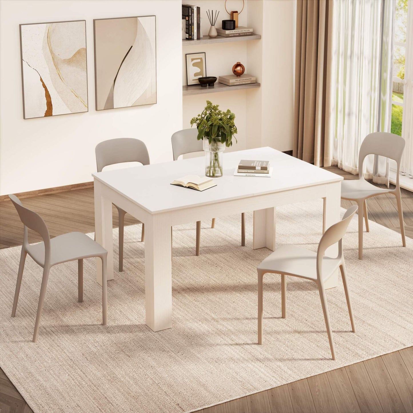 Mobili Fiver, Easy, Extendable Dining Table, 55.1(86.6) x35.4 in, Ashwood White, for 6-8 People, Expandable Dining Table for Kitchen, Italian Furniture