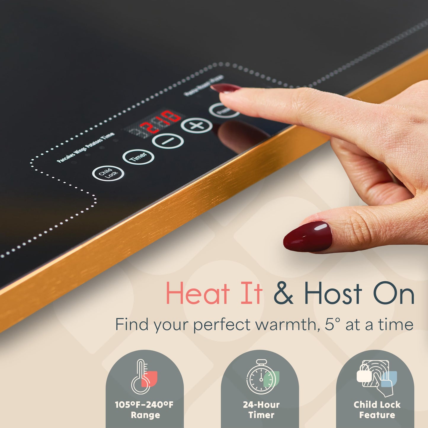 Culvani Electric Warming Tray for Food | 39"x14" XL Thermaplate Electric Food Warmer for Kitchen & Buffet | 1" Thin Countertop Hot Plate with Touch Controls, Adjustable Temp, Black/Gold Finish