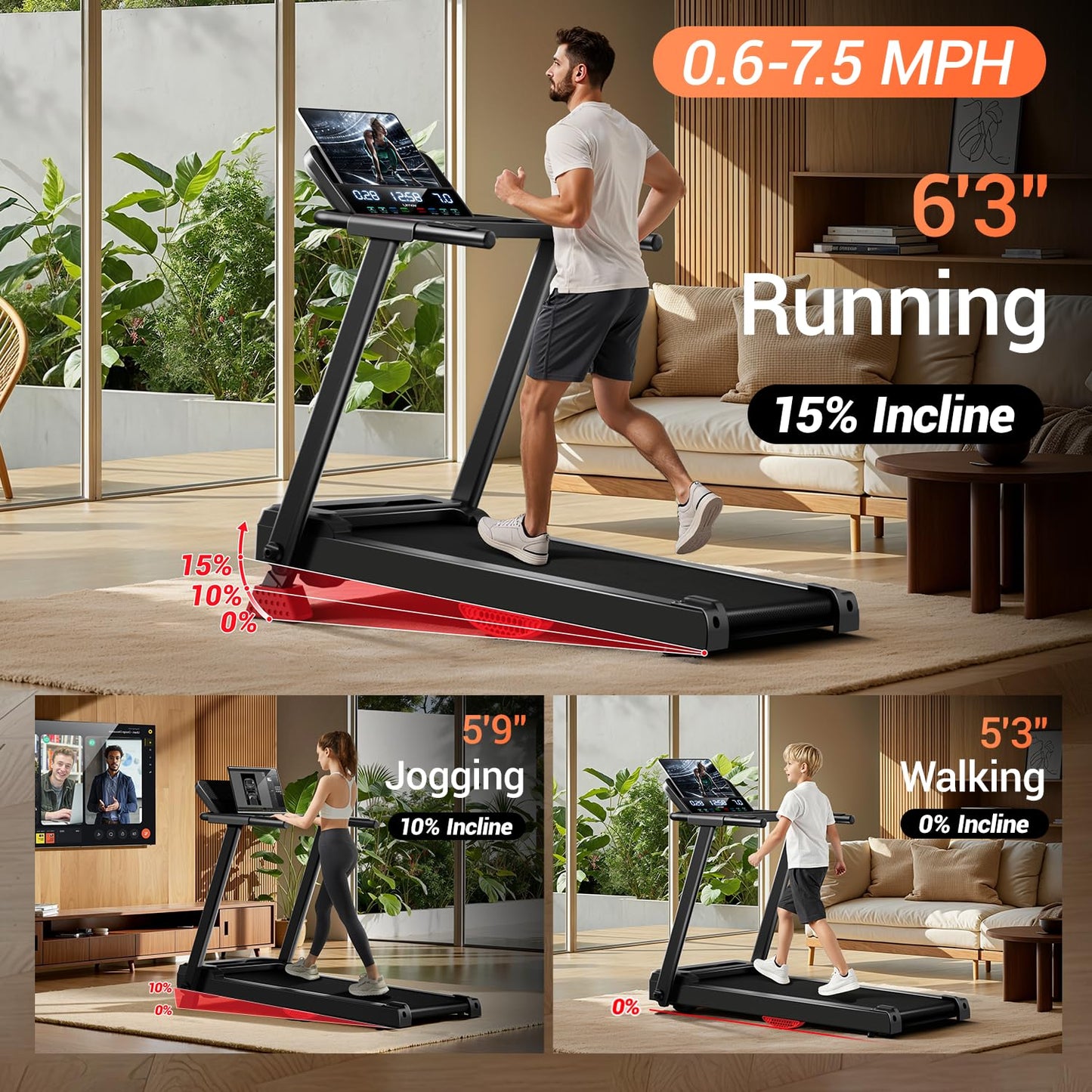 16% Incline Treadmill with Handle, 3-in-1 Portable Treadmills for Home and Office, Foldable Treadmills with 300 Lbs Weight Capacity, 3.1HP Quiet Walking Pad Treadmill, Three Screen (P8 Dark Black)