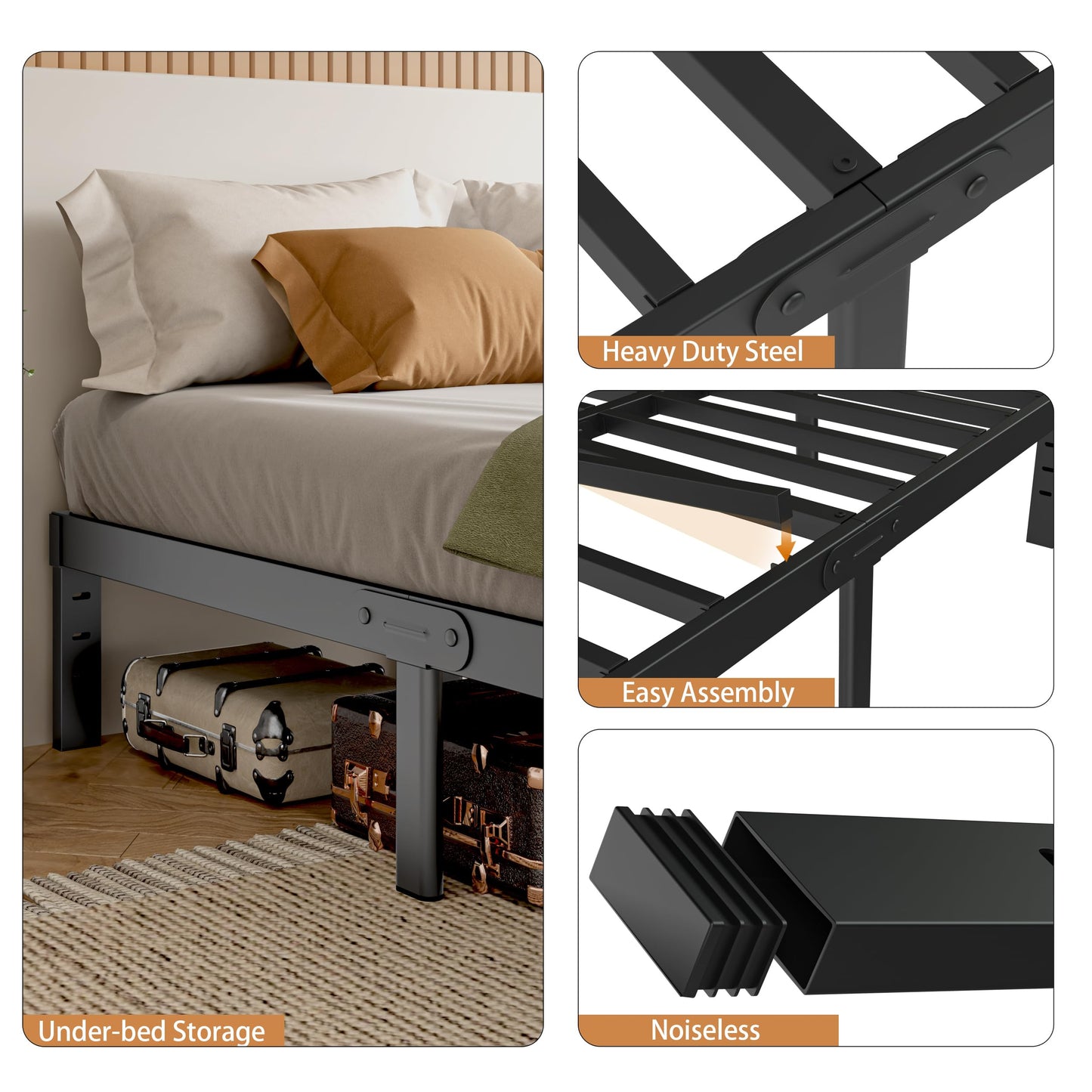 KZZLOL Black Bed Frame Queen Size 14 Inch, Metal Queen Bed Frame No Box Spring Needed, DIY Headboard Holes, Heavy Duty Steel Support 3500 LBS, Noiseless, Round Corner Leg, Storage Space, Easy Assembly