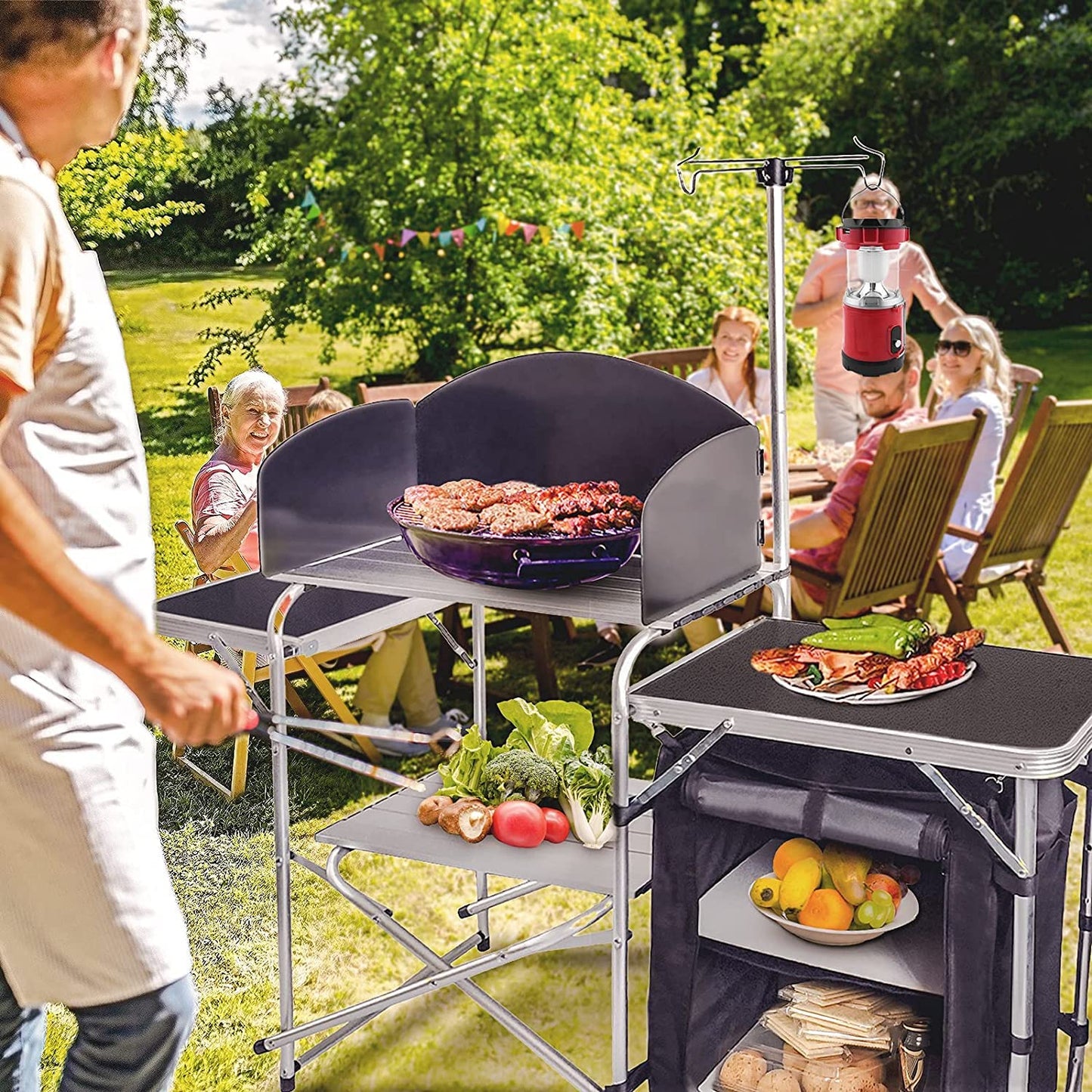 CAMP SOLUTIONS Folding Cooking Table Outdoor Portable Cook Station Aluminum Camping Kitchen with Storage Organizer, Windscreen, Hooks for BBQ, Party (Black)
