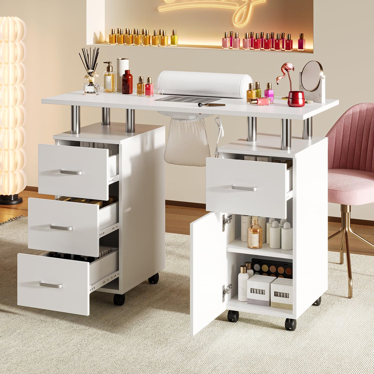 Manicure Table, Nail Desk Station for Nail Tech with Electric Downdraft Vent & Locking Castors & Wrist Cushion, Manicure Desk with 4 Drawers & 1Cabinet Manicure Table for Spa Beauty Salon, White