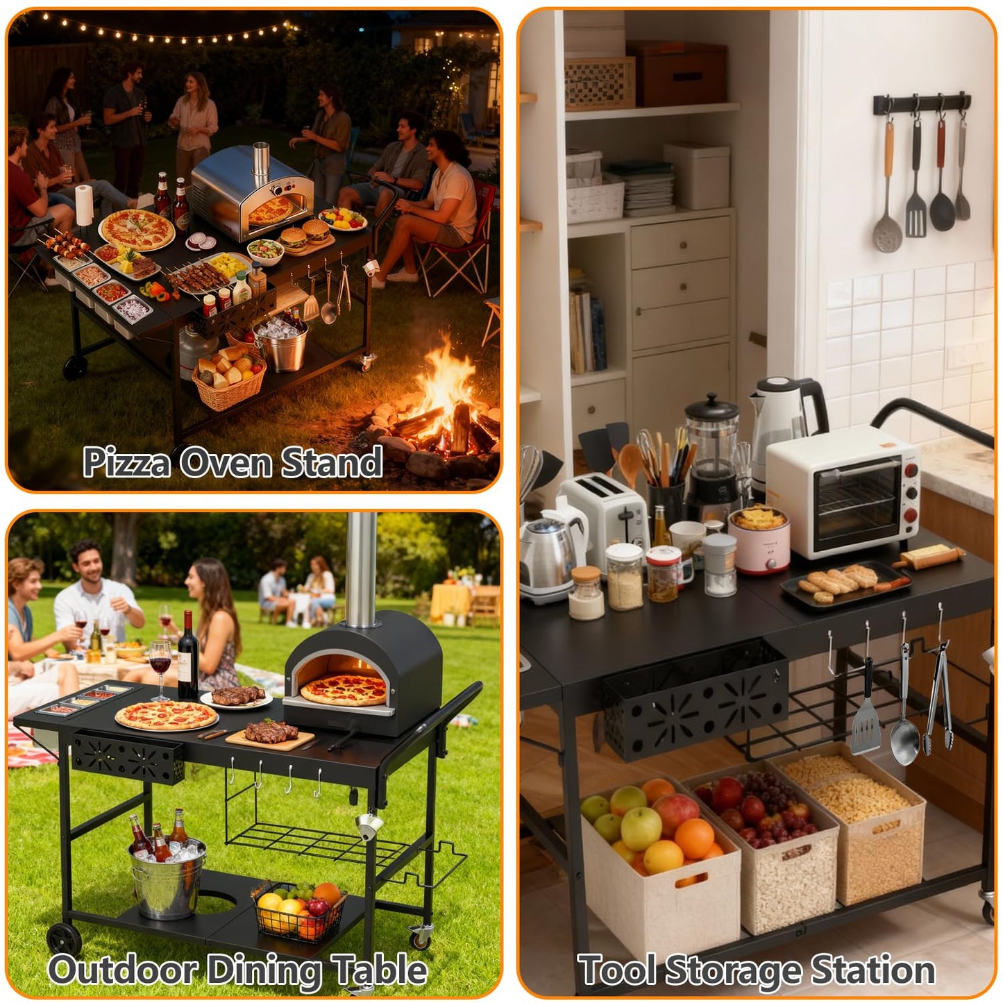 Lezbanz Pizza Oven Table with Topping Station, Outdoor Pizza Oven Cart, Grill Cart Table for Blackstone Griddle, Pizza Prep Station with Storage & Seasoning Tray, for Ninja, Cuisinart, Gozney