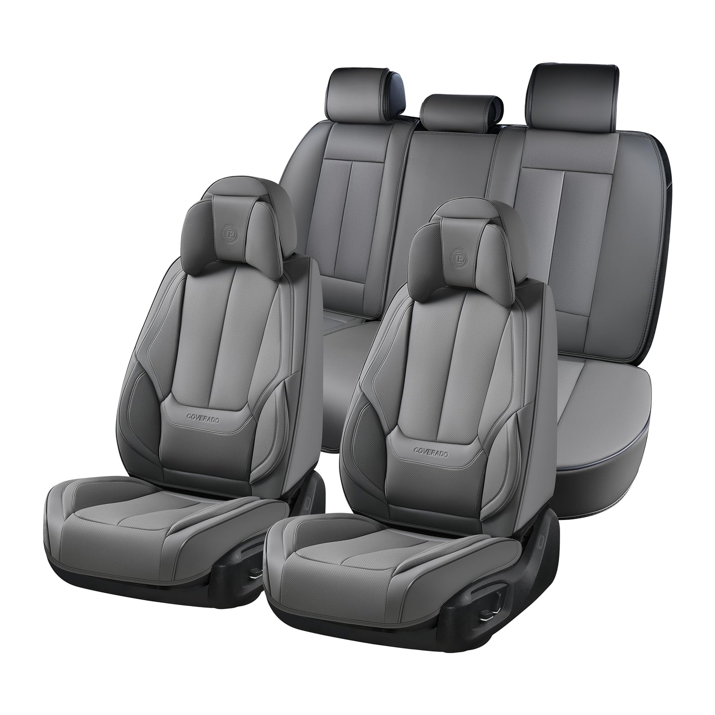 Coverado Universal Seat Covers Full Set, 5 Seats Universal Seat Covers for Cars, Waterproof Nappa Leather Car Seat Covers with Head Pillow, Auto Protectors Fit for Most Sedans SUV Pick-up Truck-Gray