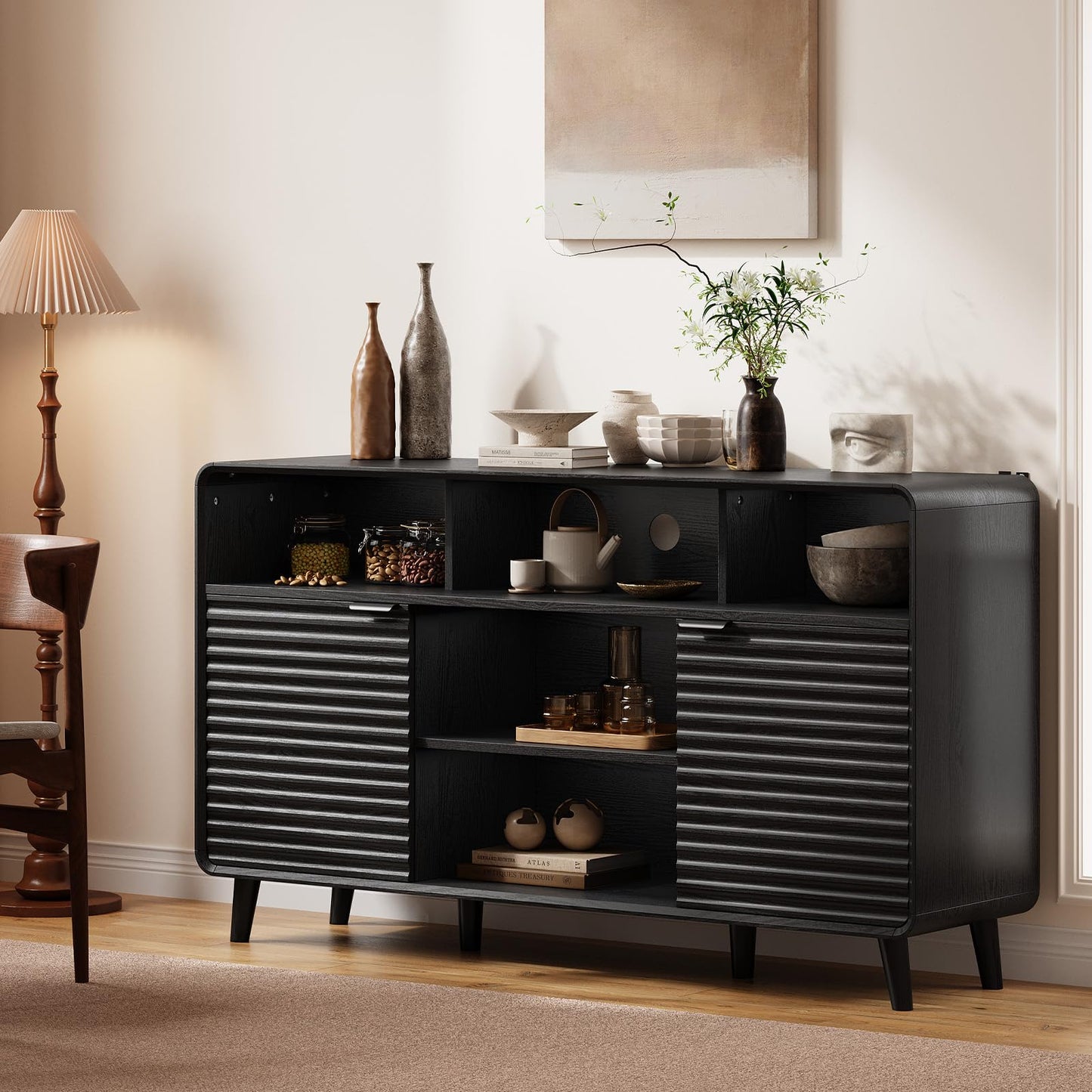 Lefurture 58 Inch Buffet Cabinet with Storage, Curved Buffet Sideboard w/2 Wave Doors, Open Storage Shelf, Adjustable Shelves, Wooden Coffee Bar Cabinet for Kitchen, Living Room, Black