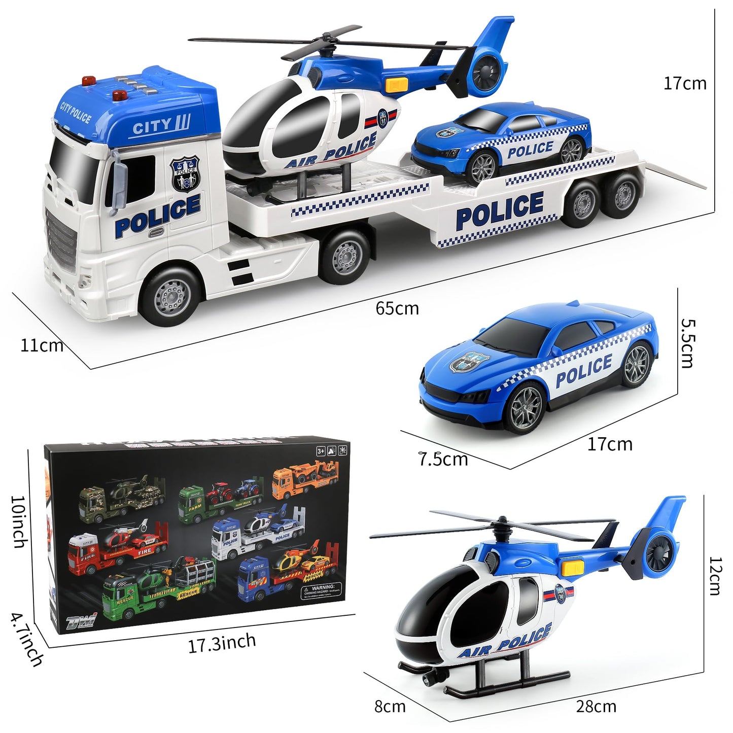 Dwi Dowellin Toddler Boy Toys for 3 4 5 6 Year Old, 25" Semi Truck Toy with Racing Car and Helicopter - Police Toys,Birthday Gifts for Kids Child 2 3 4 5 6 Years Old