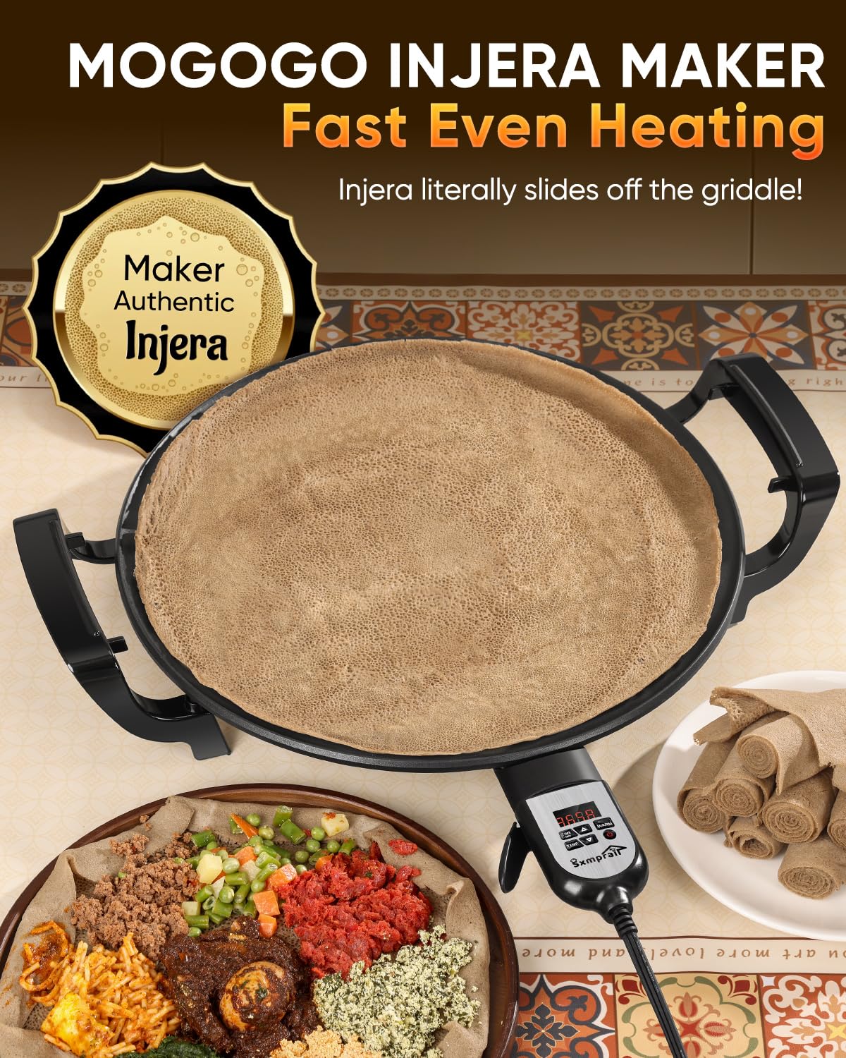 18.5" Mogogo Injera Maker Mitad/Electric Lefse Griddle, Adjustable Temperature & Time, Non-Stick Surface, Even Heating for Injera, Lefse, Crepe, Pancake, Dosa, Saj Bread & Other Flatbreads