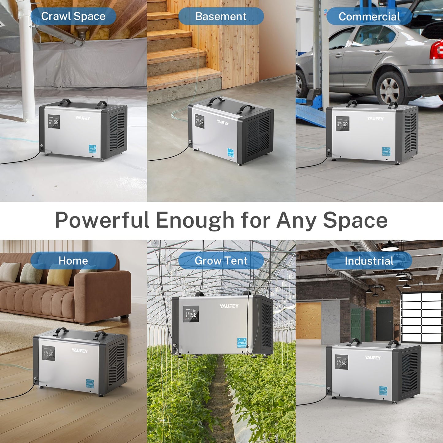 Yaufey 70 Pint Energy Star Commercial Dehumidifier with Pump for Crawl Space, Basement, Industrial, up to 5,000 Sq. Ft., 10%-98% RH Humidity Control, Auto Defrost, TUV Certified, 5-Year Coverage