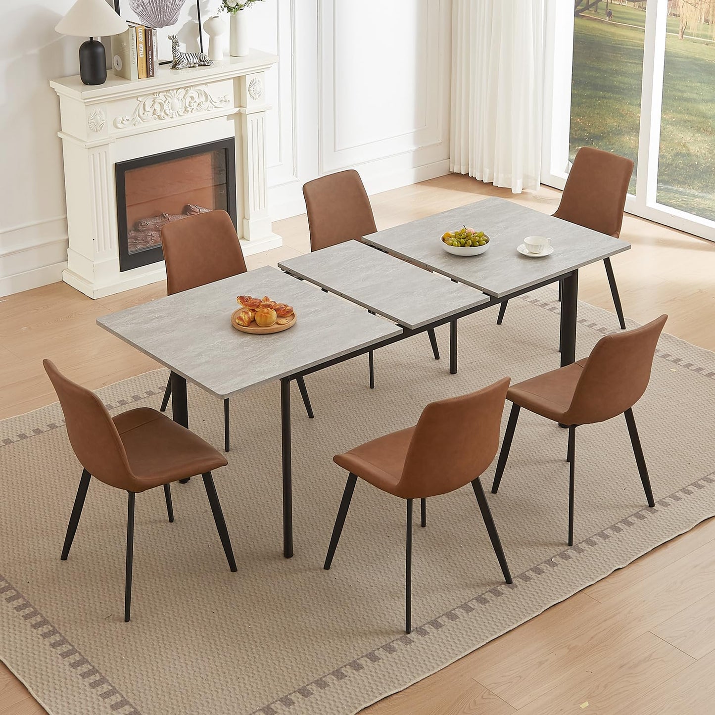 HIPIHOM 63"- 78.7" Extendable Dining Table with 6 Brown Dining Chairs, Modern Kitchen Table Set for 6, Thickened Expandable MDF Wooden Table with Metal Legs for Dining Room, Kitchen, Home