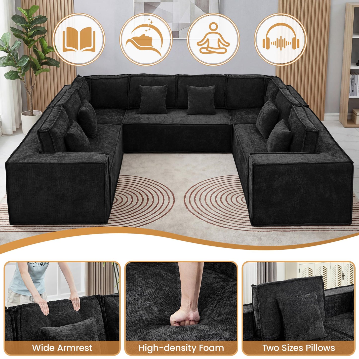 138'' Boneless Chenille U Shaped Couch, Oversized Modular Sectional 8 Seater Sofa, Modern Deep Seat Corner Cloud Compressed Couch, No Assembly Sleeper Sofa with Chaise for Living Room, Black