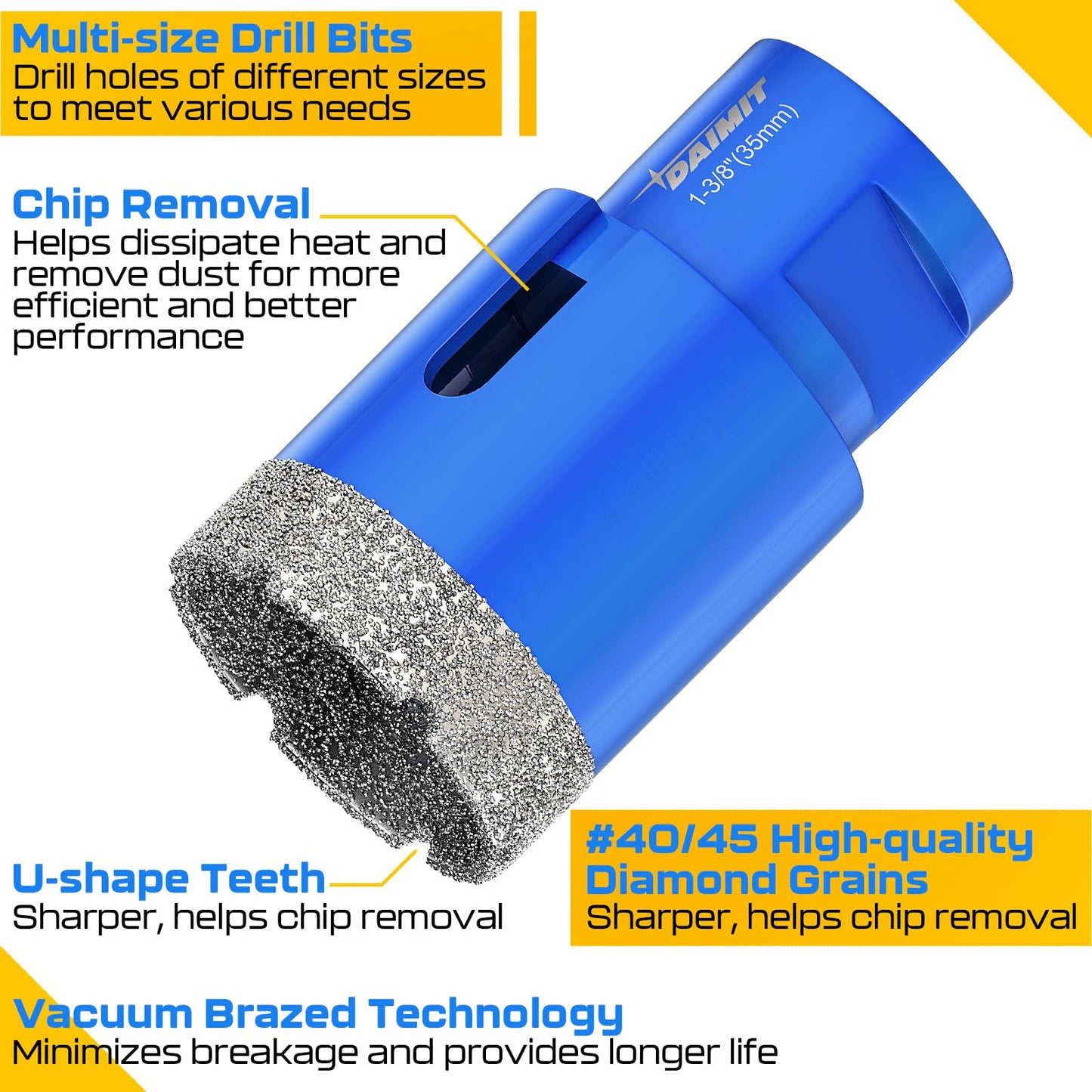 DAIMIT 13-Piece Diamond Drill Bits Set | Vacuum-Brazed Core Hole Saws (5/8"-11 Arbor) for Tile, Marble & Porcelain | Wet/Dry Use | Granite & Glass Cutting Kit