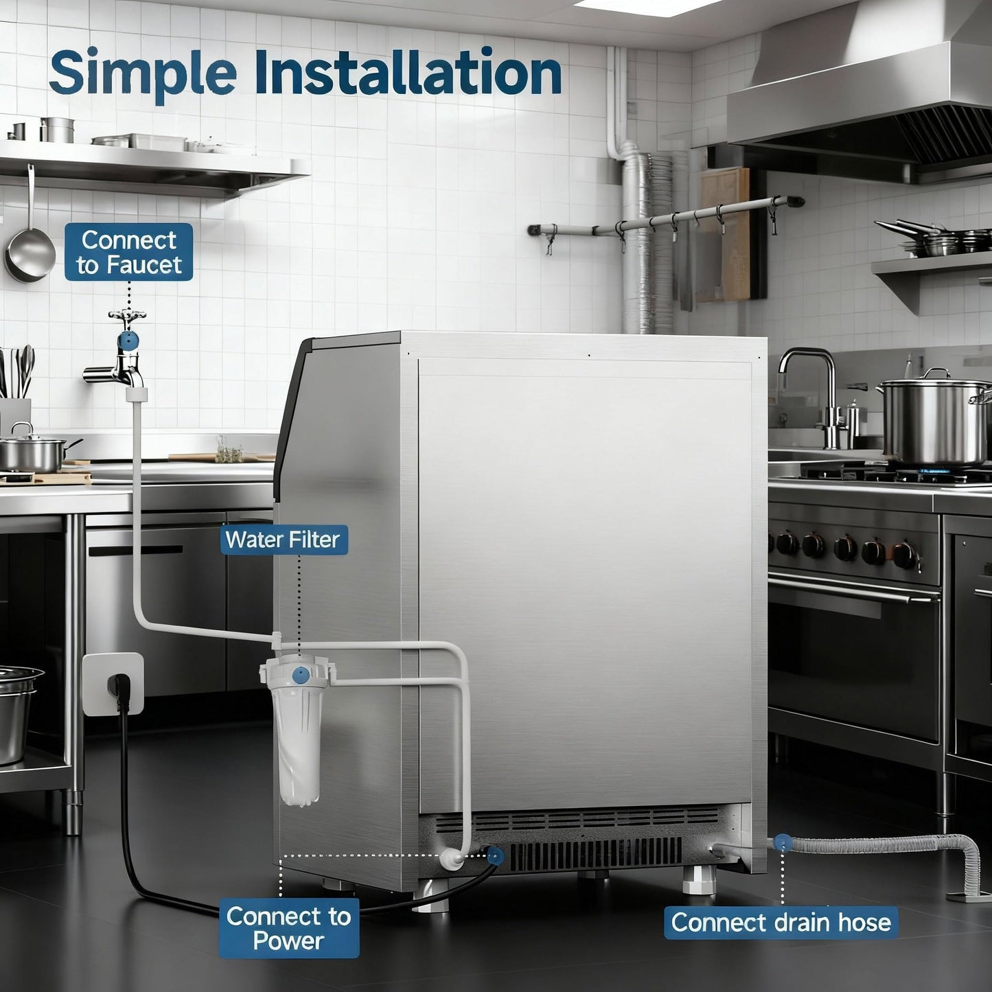 Under Counter Commercial Ice Maker, 300 lbs/24H Freestanding Ice Machine with Water Filter, 33 lbs Storage Capacity, Perfect for Home, Bar, Cafe, and Restaurant Use