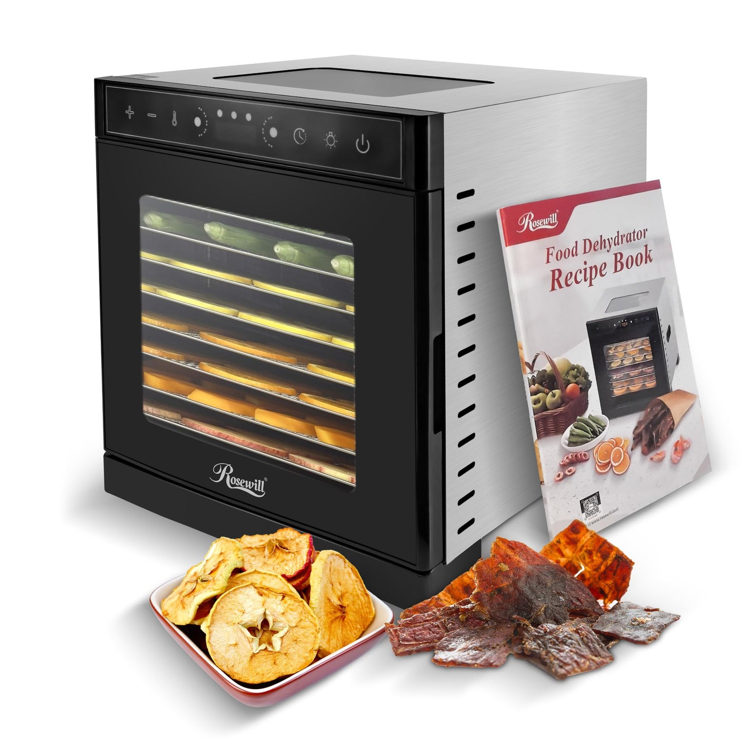 Rosewill Food Dehydrator | Powerful 400W Rear Fan Even-Drying System | 8 Full-Size Stainless Steel Trays | 95°-195° Temperature Control, 48H Timer, Keep Warm + Auto Shutoff | Jerky, Herbs, Meat