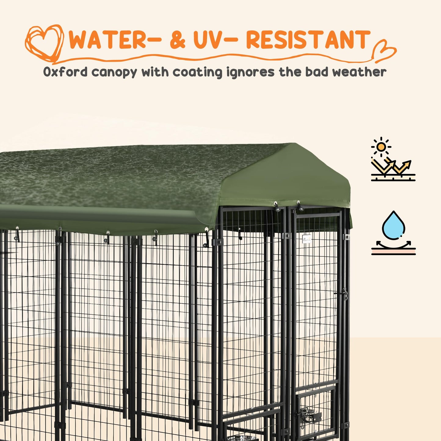 PawHut 8' x 4' x 6' Dog Kennel Outside, Welded Wire Outdoor Dog Kennel Run with 360° Rotating Bowls, Waterproof & UV Resistant Cover, for S&M&L Breeds, Chickens, Ducks, Green