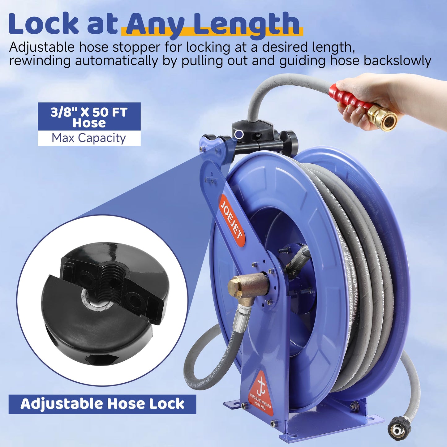 JOEJET Retractable Pressure Washer Hose Reel, 3/8" x 50 FT Power Washer Hose Reel with Hose, Wall/Floor Mounted, 4000 PSI, Blue