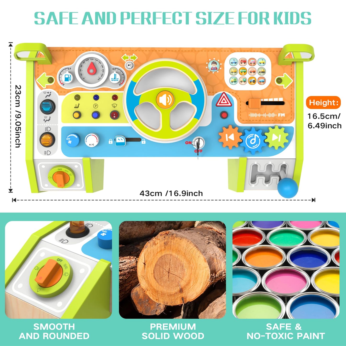 Yuyctwg Montessori Busy Board Car Steering Wheel Toy for Toddlers 1-3, Wooden Sensory Activity Board with Light Sound, Educational Toys for Fine Motor Skills, Birthday Gift for Boys Girls