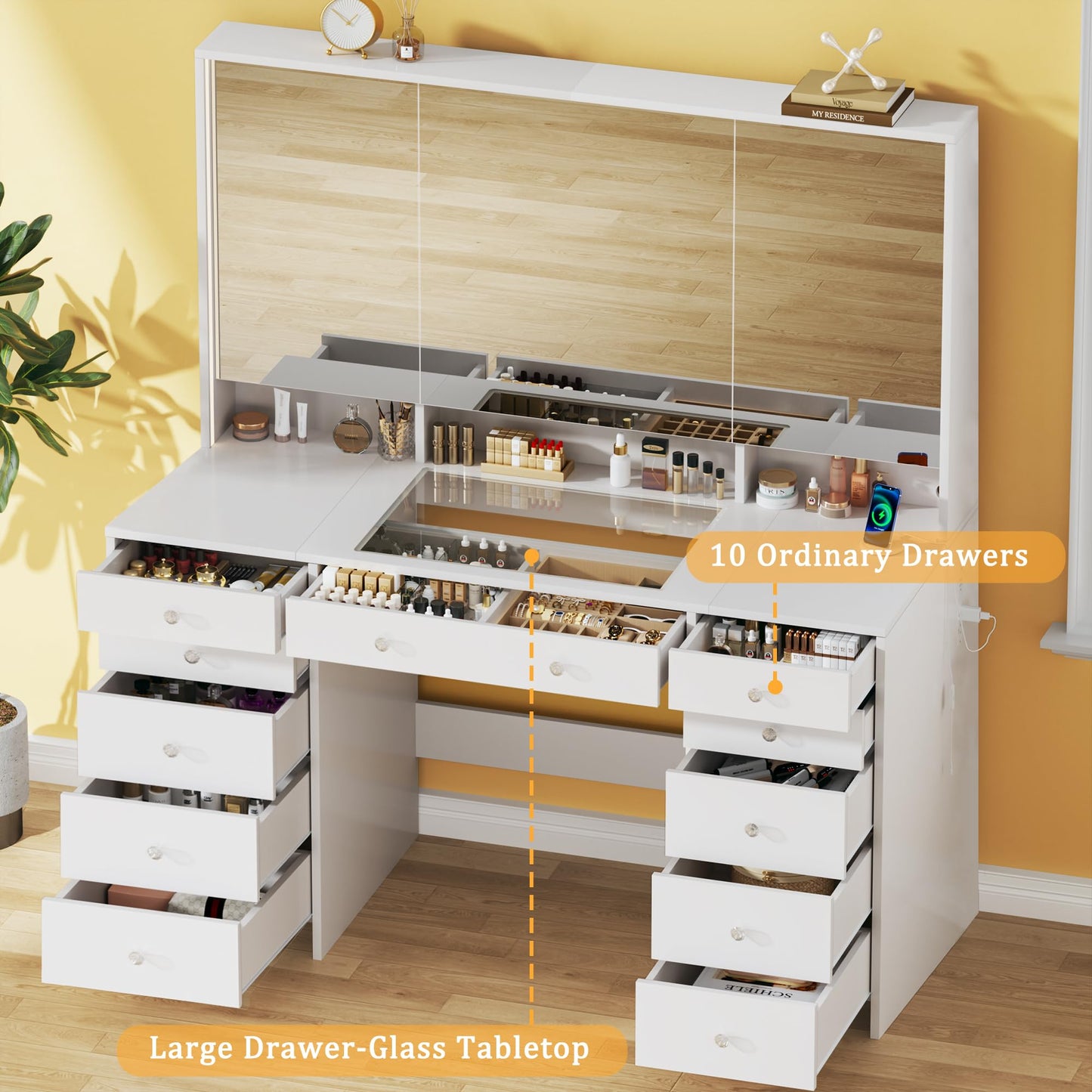 HUAHUU 50'' Glass Top Makeup Vanity with 11 Drawers, White Vanity Desk with Large LED Mirror & Lights, Built-in Charging Station & 3 Light Modes, Brightness Adjustable, 8 Hidden Shelves, White