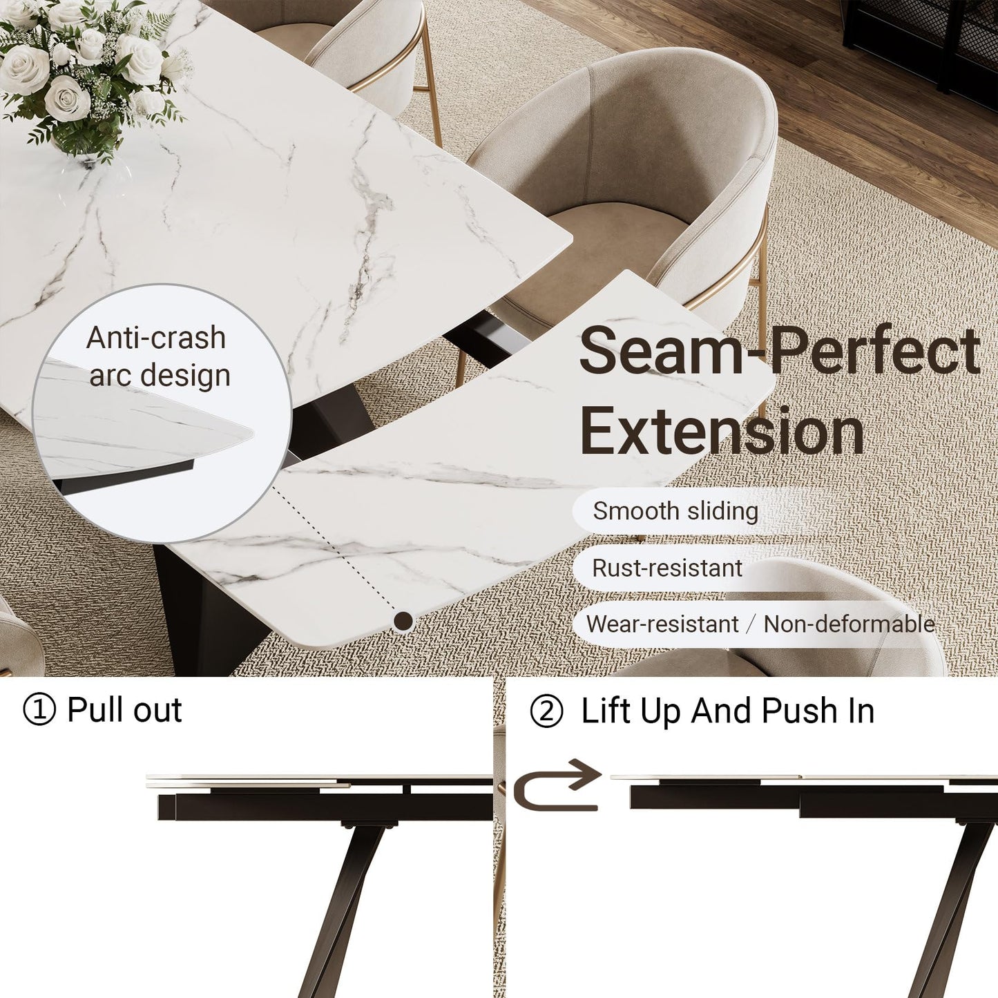 Extendable Dining Table with Leaf, 65"-95" Rectangular Sintered Stone, Marble-Look Top, Seats 6-12, Metal Base, Easy-Clean, Heat & Scratch Resistant, Dining Room/Kitchen Table for Family Gatherings