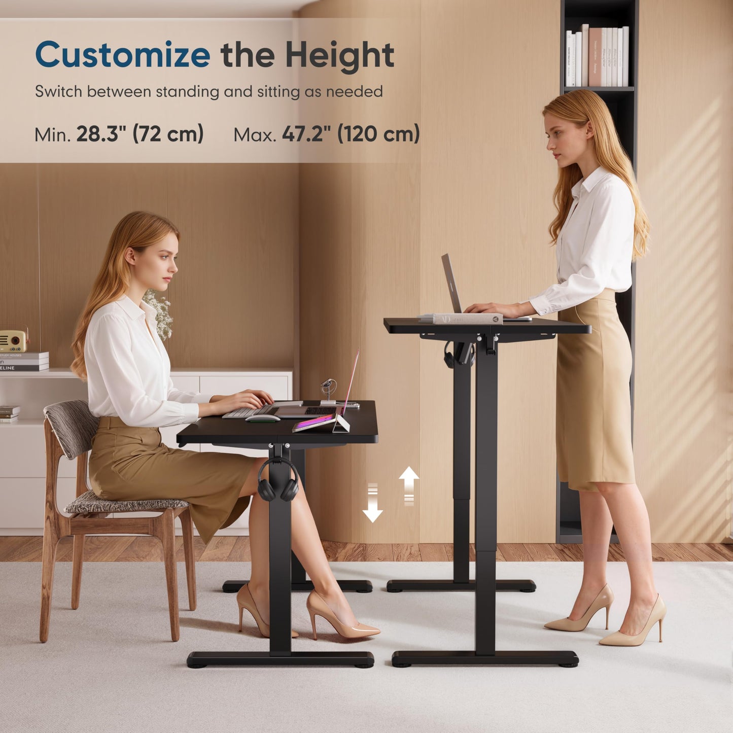Monomi Electric Height Adjustable Standing Desk, 48x24 Inches, Ergonomic Home Office Sit/Stand Up Desk (Black Steel Frame/Black Top)