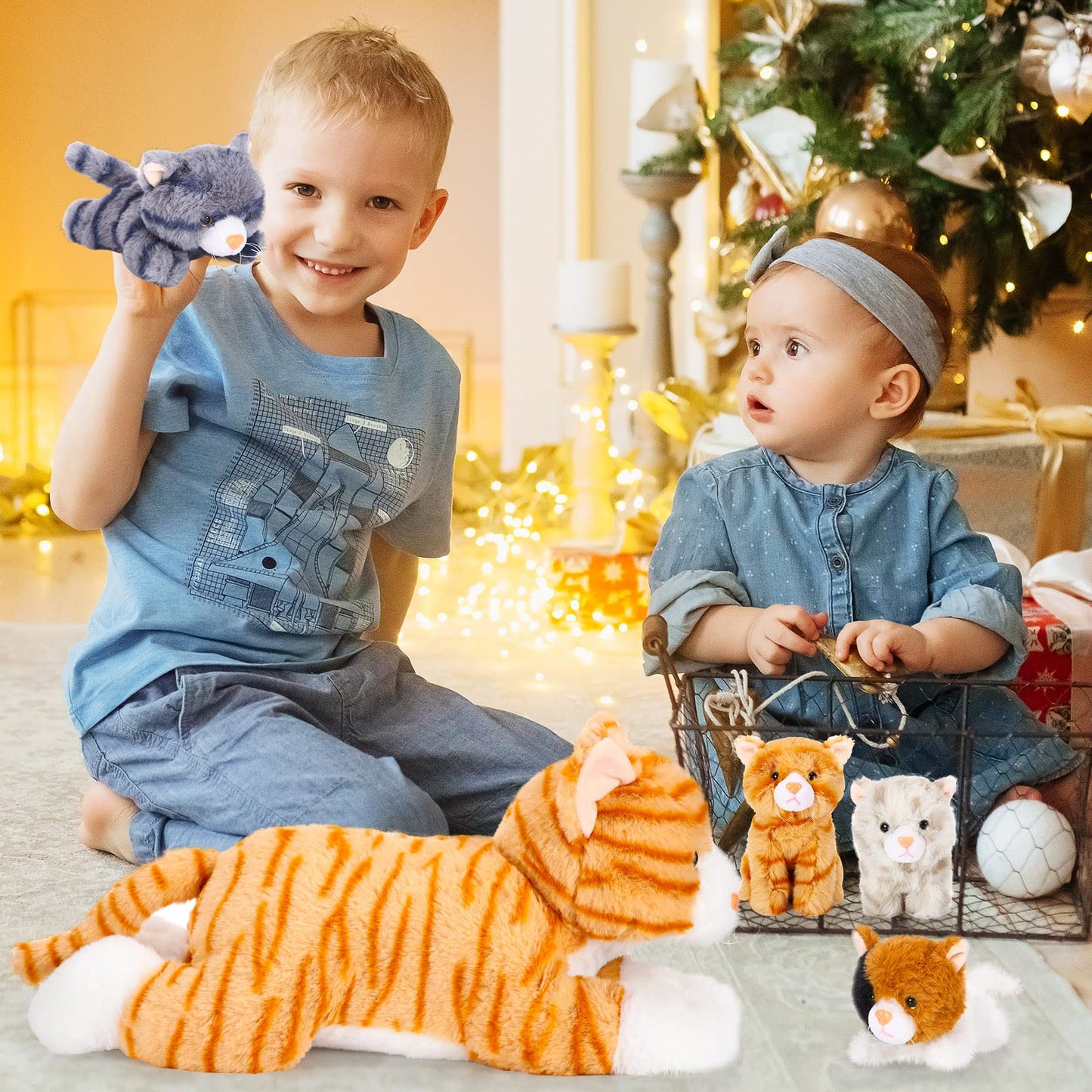 Skylety 5 Pieces Cat Stuffed Animal with Babies Inside Belly Plush Cat Pregnant Mommy Kitty with 4 Cute Fluffy Stuffed Kittens Christmas Birthday Surprise Gifts(Orange)
