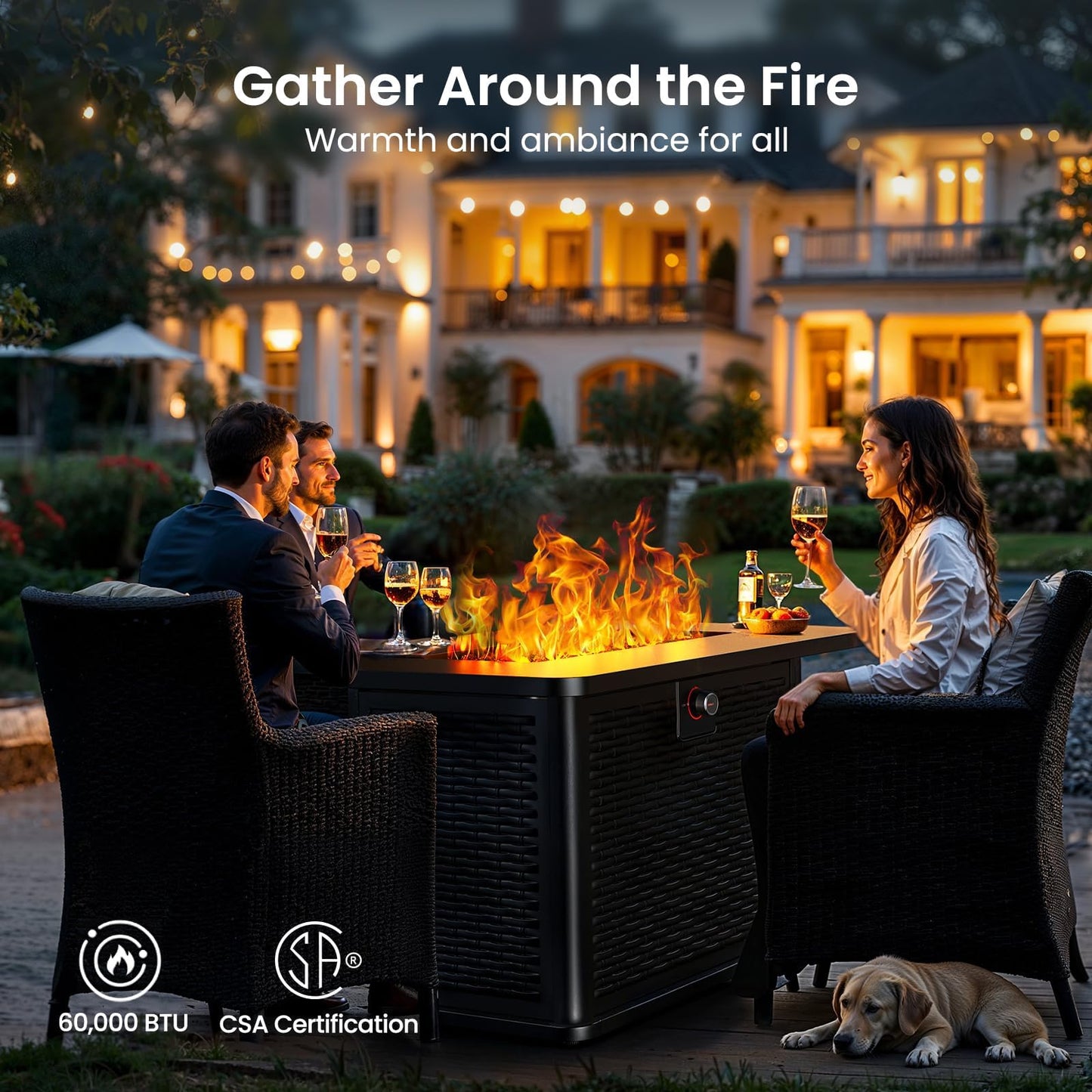 Ciays 43-Inch Rectangular Propane Fire Pit Table - 60,000 BTU, CSA-Certified 2-in-1 Design, 304 Stainless Steel H-Burner, Included Cover & Lava Rocks - Ideal for Gatherings & Parties