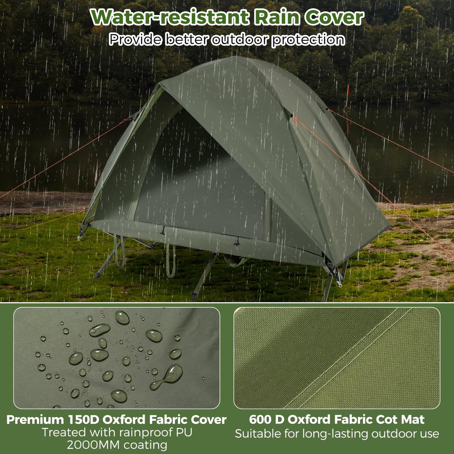 Tangkula 2 Person Tent Cot, Portable Off Ground Elevated Camping Tent with Cot, Removable Rainfly, Wheeled Bag, Stakes & Wind Ropes for Picnic, Hiking, Travel, Beach