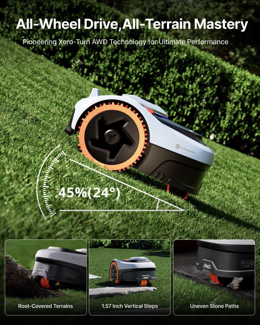 Segway Navimow i206 AWD Robot Lawn Mower, Wire-Free Robotic Mower, All-Wheel Drive for 45% Slopes, 2–3.6 in Adjustable Cutting Height, NRTK + Vision, Auto Mapping, 2.55Ah Battery, Covers 0.15 Acre