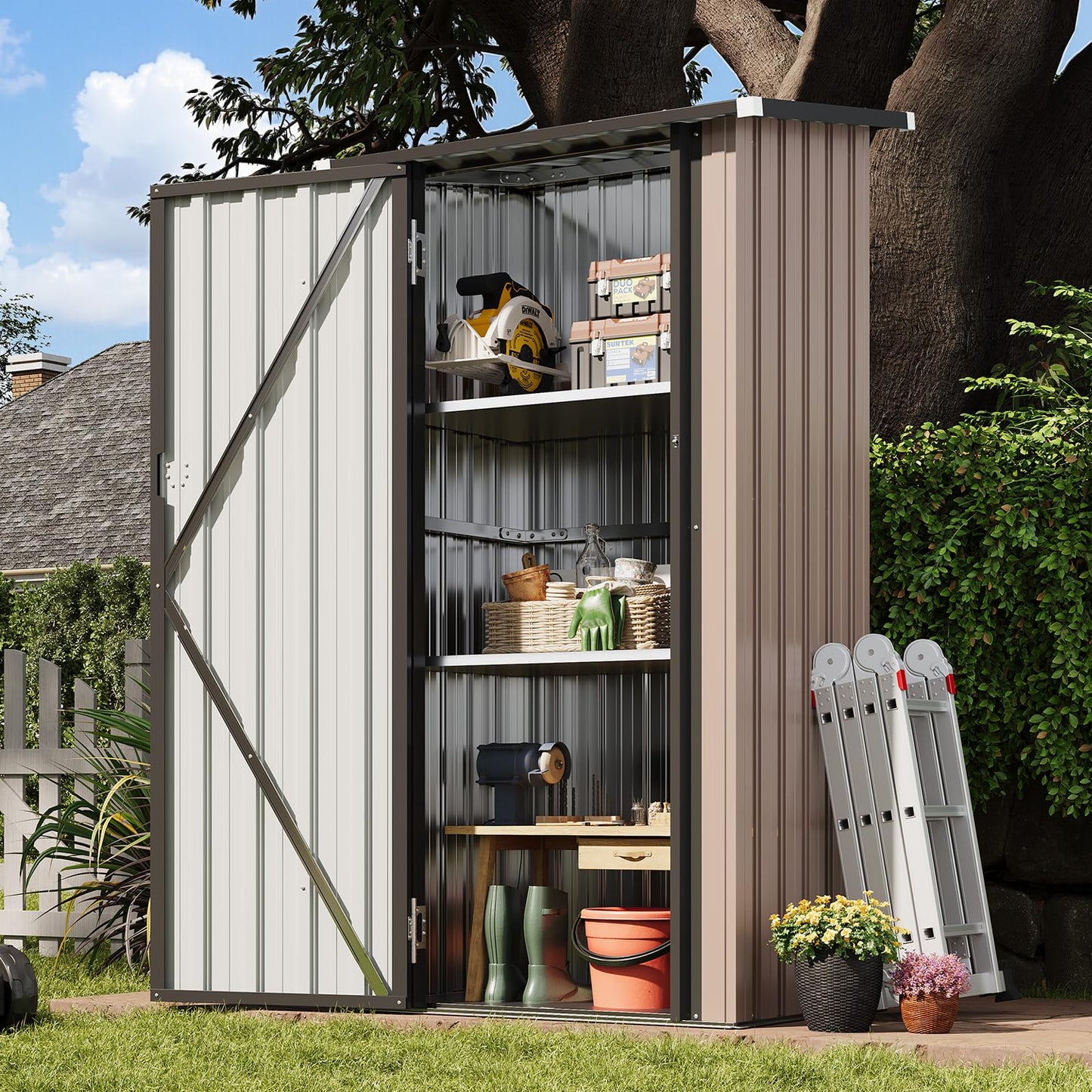 Aoxun Outdoor Storage Shed with Floor - Vertical Cabinet with 2 Adjustable Shelves & Lockable Doors, Waterproof Small Tool Shed, for Backyard Garden Patio Lawn Indoor, Brown