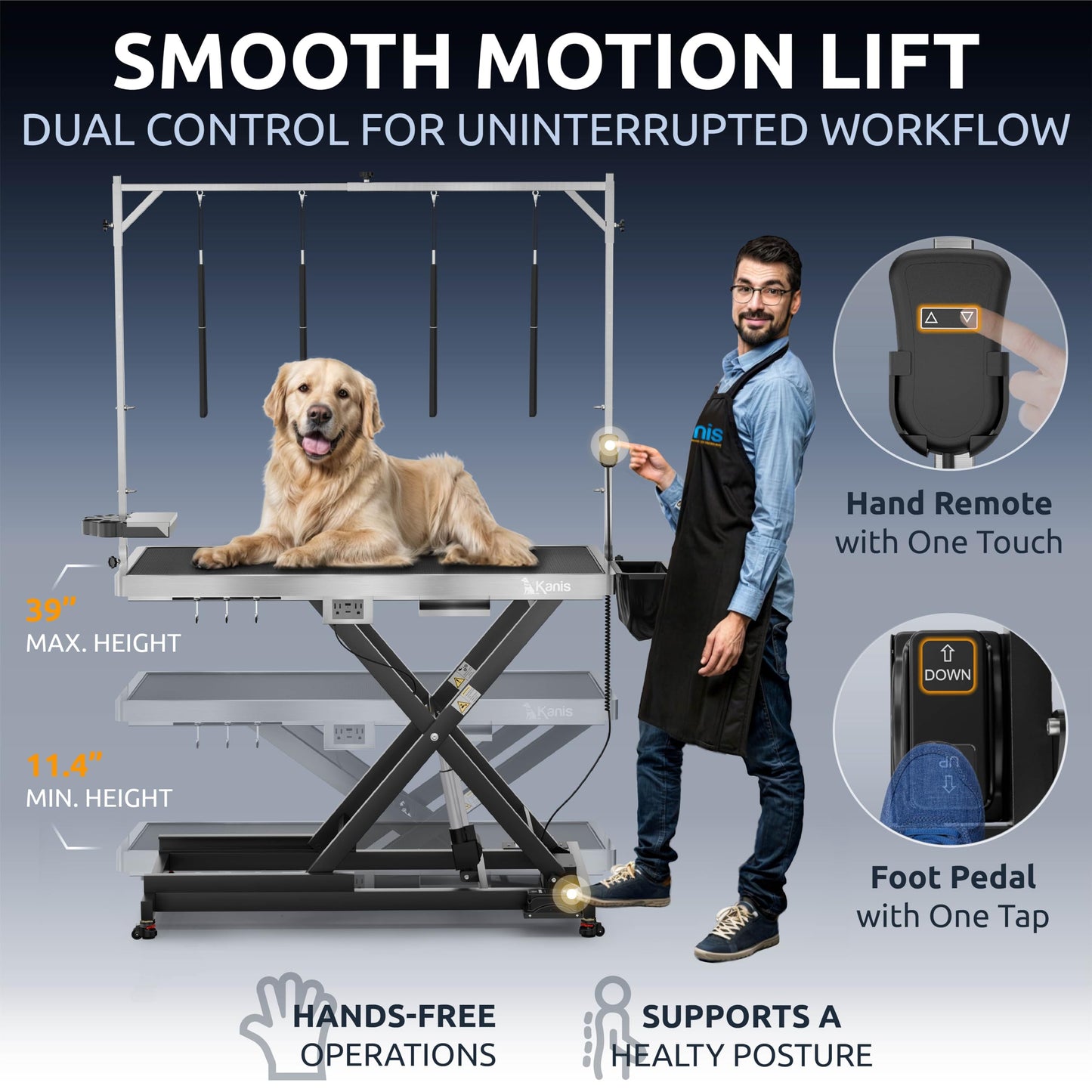 KANIS Professional Electric Dog Grooming Table - Heavy Duty, Height Adjustable Pet Grooming Table w/Leveling Wheels, Grooming Arm, Anti Slip Tabletop & Tool Organizer/Dog Grooming Station (49", BLACK)
