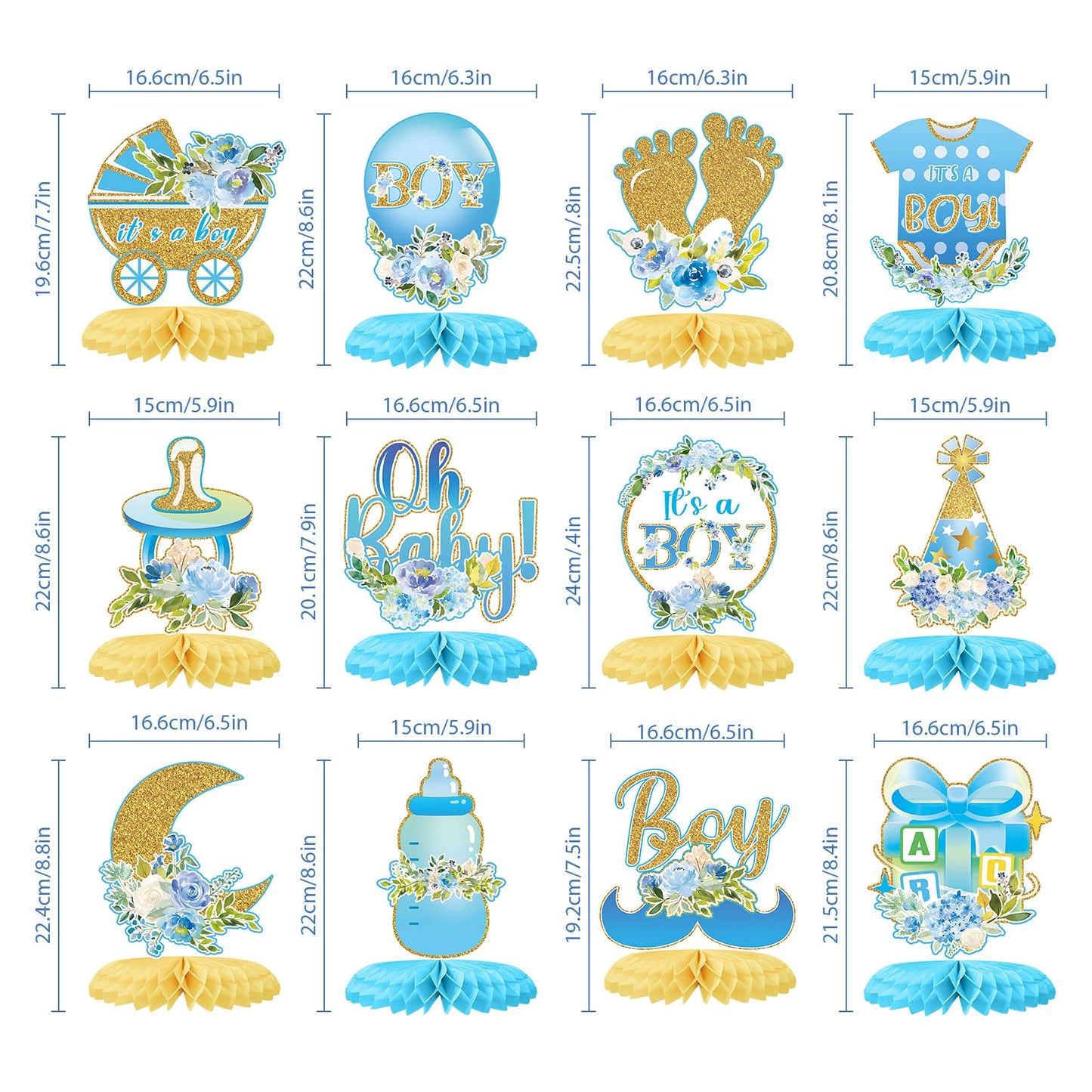 Tarklanda 12Pcs Baby Shower Honeycomb Centerpieces Party Decor for Boys,Blue Gold Floral It's a Boys Gender Reveal 3D Table Centerpieces Decoration for Kids Baby Shower Party Photo Props Supplies