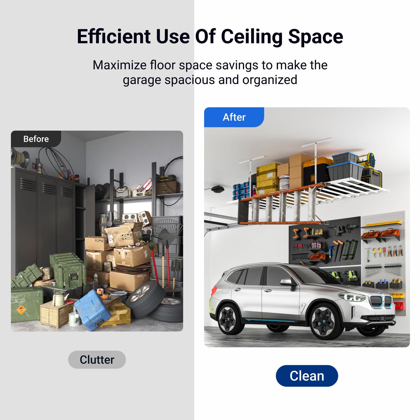 FLEXIMOUNTS 4x8 Overhead Garage Storage Rack with 6 Hooks, Adjustable Storage Organization System, Heavy-Duty Metal Ceiling Racks, 22.6" -39.4" Ceiling Dropdown, Lite Series