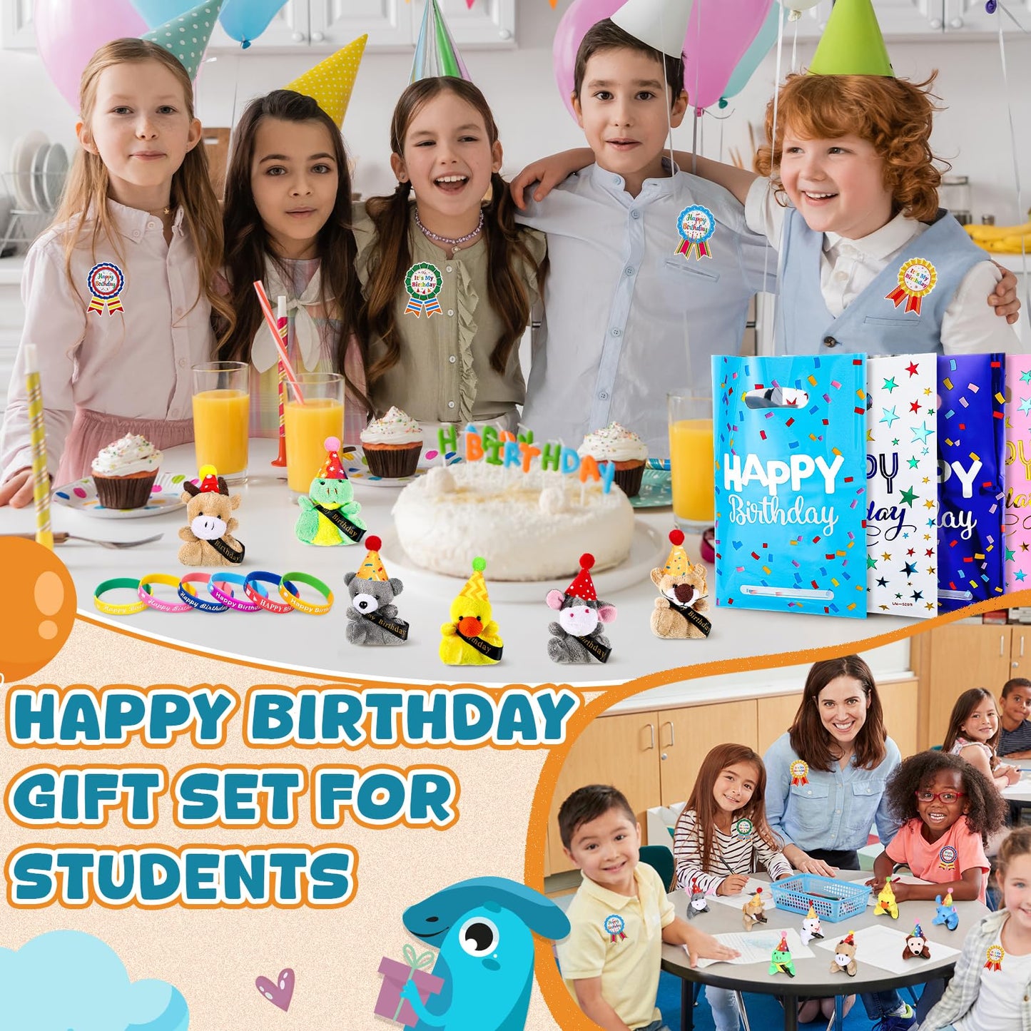 Seenelling 48 Pcs Happy Birthday Party Gift for Students, Return Gifts for Birthday Stuffed Animal Silicone Wristbands Badge Stickers for Party Goodie Bags Teachers Classroom Reward
