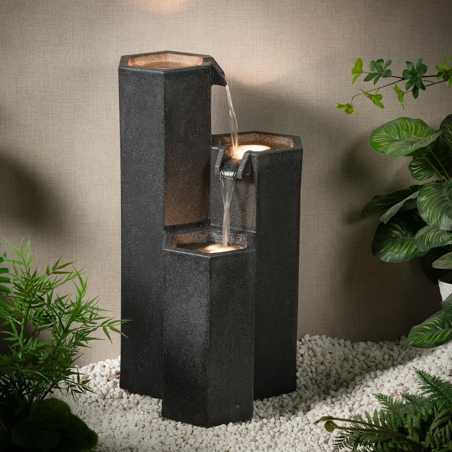 Puulye 27.95" H Outdoor Water Fountain Made with Eco-Friendly Recyclable Materials, Polyethylene Cascading Waterfall Fountain, Garden Waterfall Decor with LED Light & Pump for Patio, Backyard