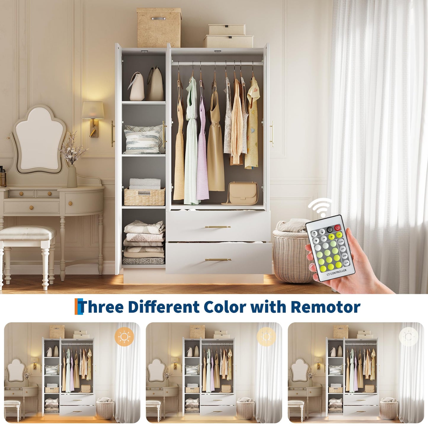 GarveeHome Bedroom Armoire Wardrobe Closet with 3 Doors & 2 Drawers, 71" Tall Wooden Large Armoire Storage Cabinet with Modern Fluted Glass & Shelves, w/Hanging Rod, Sturdy Frame, for Bedroom, White