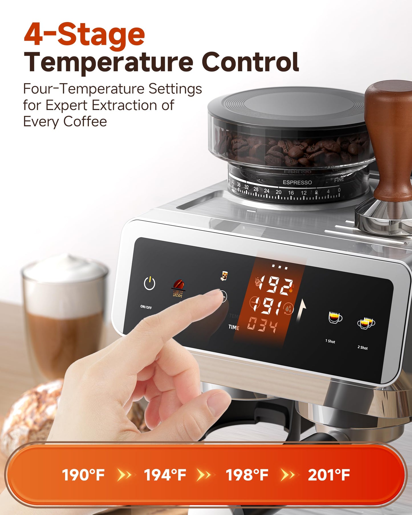 AMZCHEF Espresso Machine With Grinder, 190℉-201℉ Temp Control Coffee machine with 44 Grind Setting, Milk Frother, Touch Screen, Cold Brew, Sliver