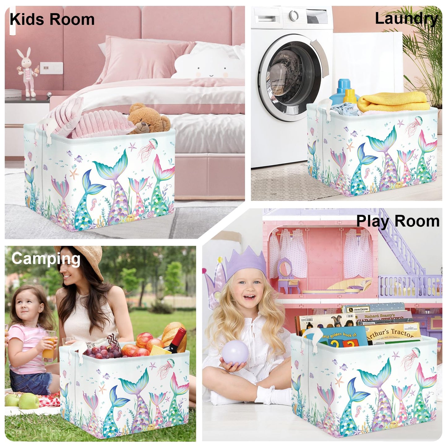 HUUMONSS Fantasy Princess Laundry Hamper Colorful Large Storage Basket Collapsible Parents Organizer Kids Toy Clothes Bins for Bedroom, Bathroom, Mermaid, 36L