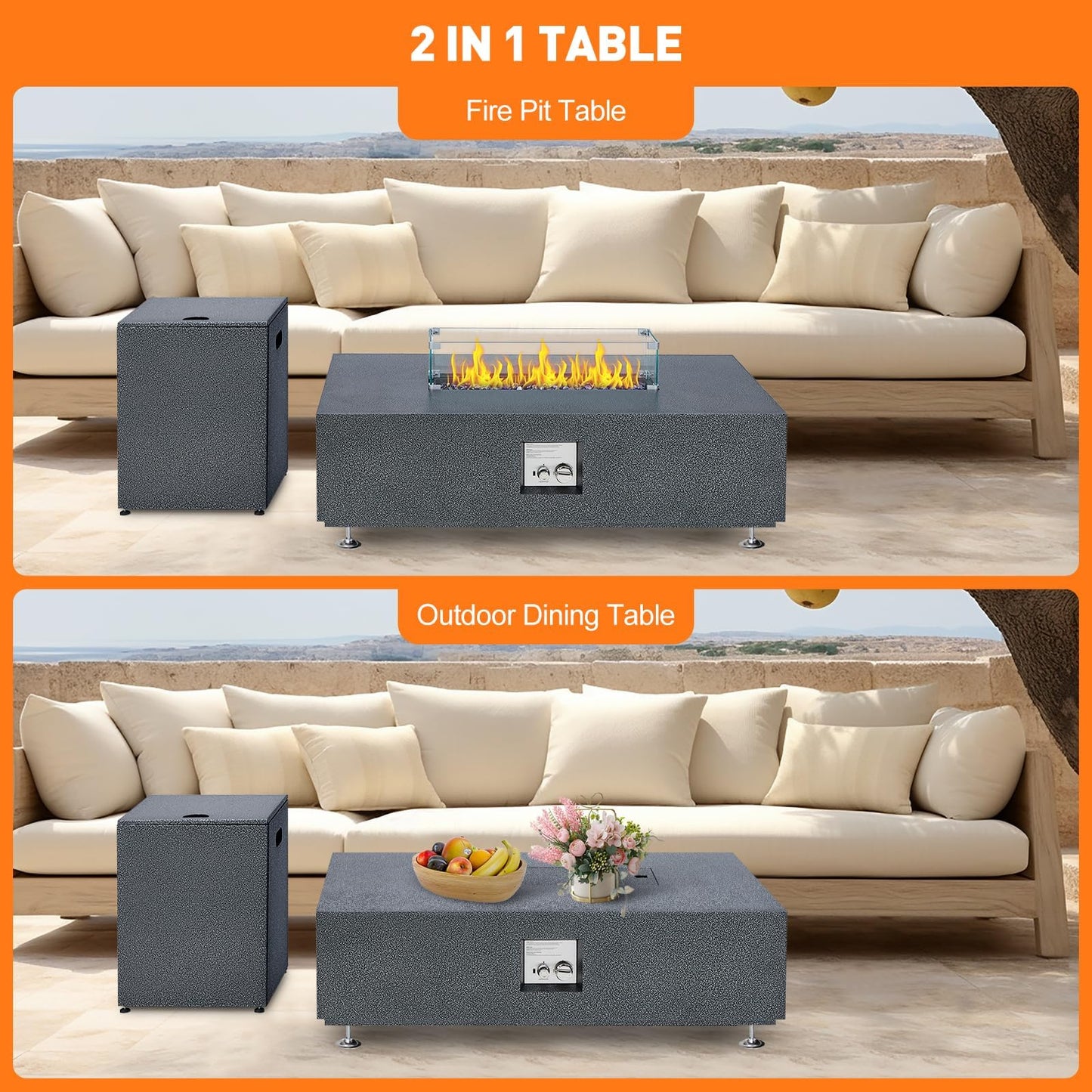 GarveeLife 48 in Outdoor Fire Table, 48 in Rectangle Propane Gas Fire Pit Table, 50,000 BTU Modern Firepit with 16 in Tank Cover Side Table, Wind Guard, Fire Glass, Rain Cover