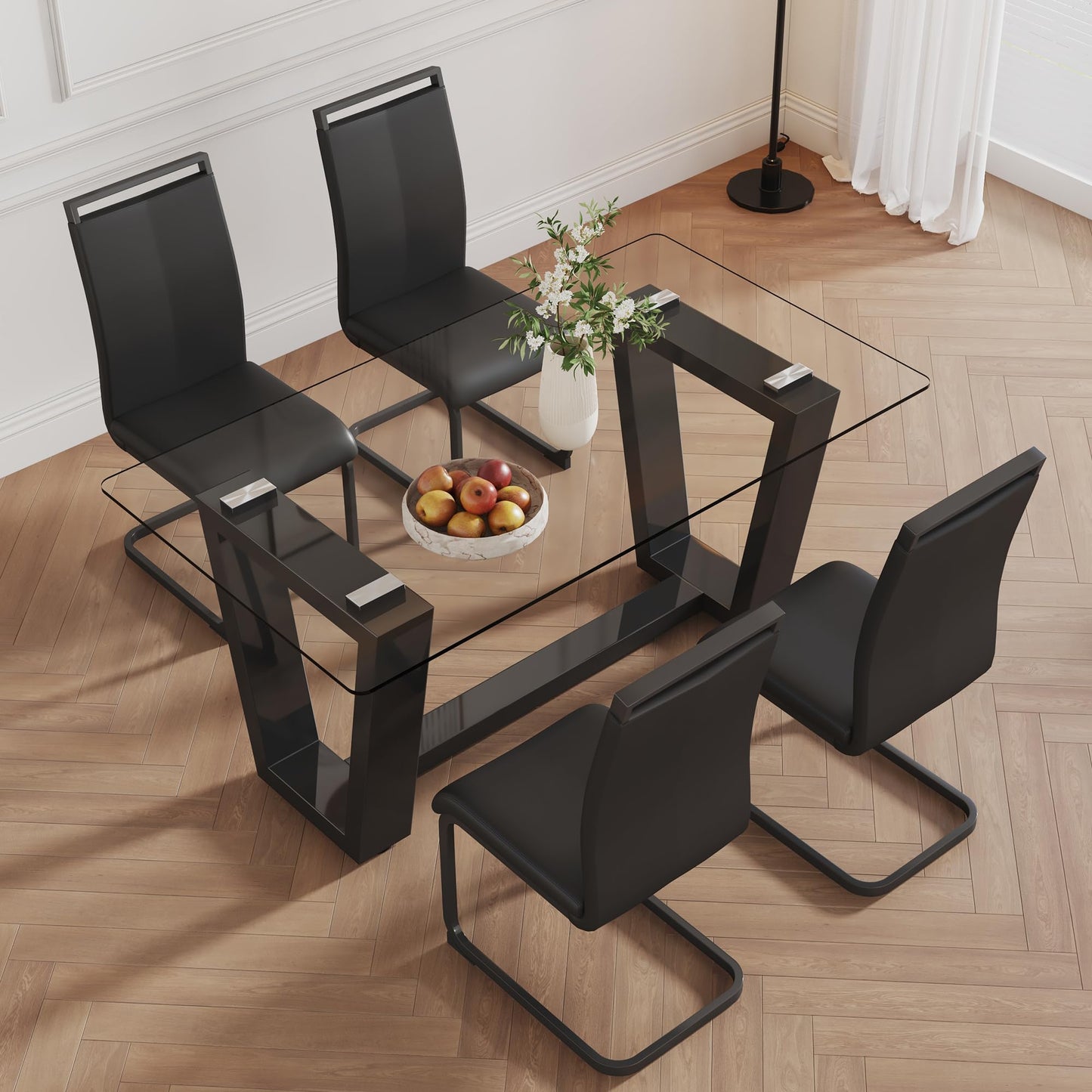 Ebullient Glass Dining Table Set for 4, Modern Dining Table Set for 4, Tempered Glass Tabletop with Black MDF Trapezoid Legs, Rectangle Kitchen Table with 4 Faux Leather Chairs for Home, Apartment
