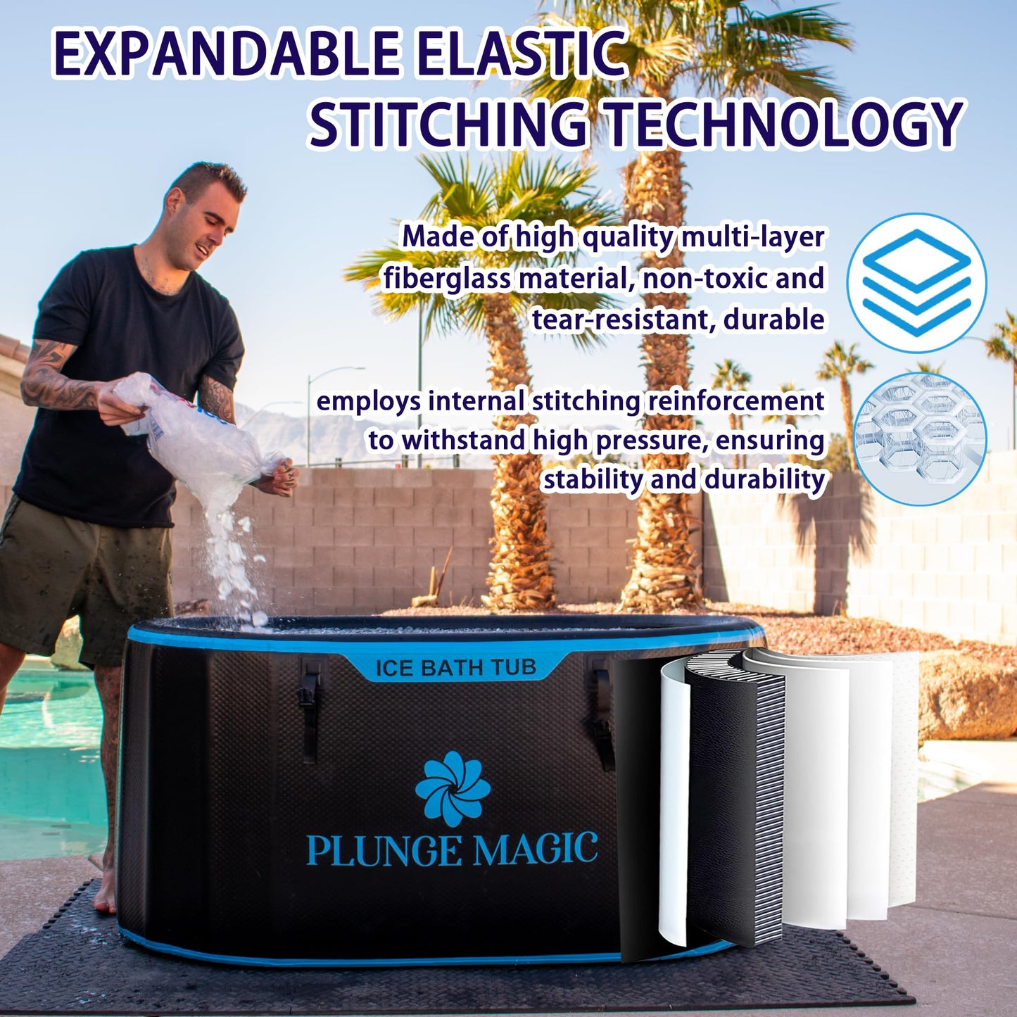 PLUNGE MAGIC Ultimate Cold Plunge Tub Inflatable Ice Bath Tub With Cover for Athletes Portable & XXL Size Black, Water Chiller Compatible (Black-Elongated)