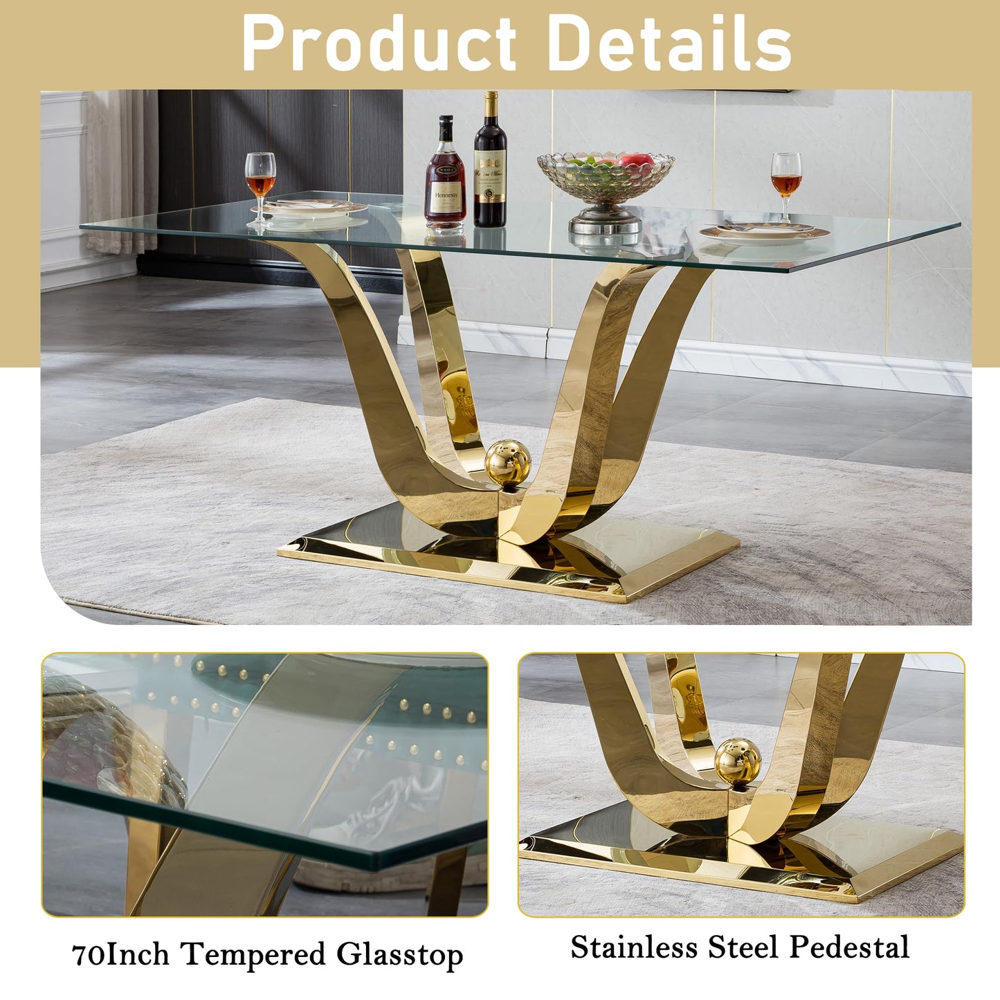Maxtude 7 Piece Dining Table Set, Gold Dining Room Table with 6pcs White Velvet Dining Chairs, 70" Glass Dining Table Set for 6 with Stainless Steel Base for Kitchen Dining Living Room