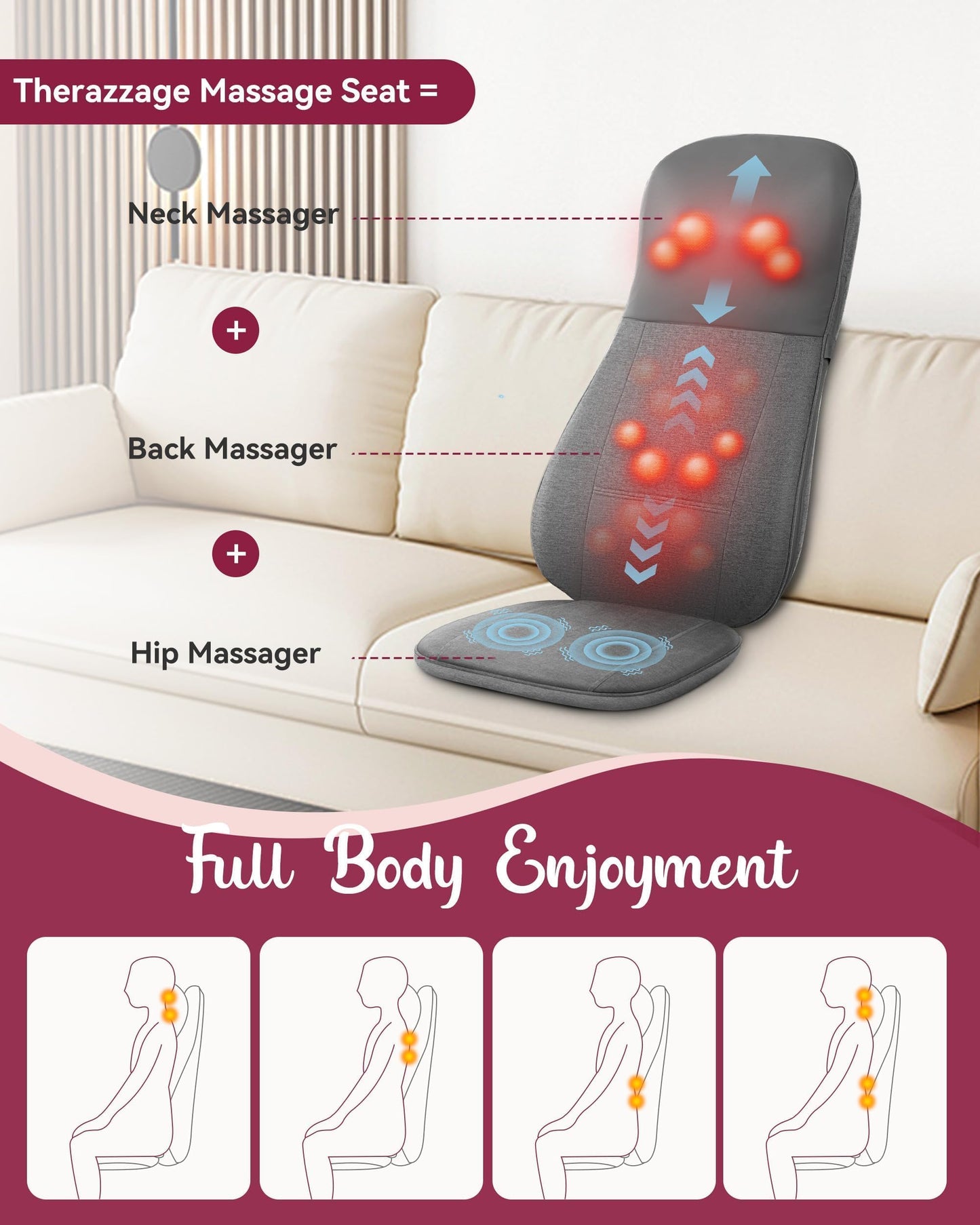 THERAZZAGGE Shiatsu Back and Neck Massager with Heat, Back Massage for Chair, Kneading, Rolling, Vibration, Massage Seat Cushion, Full Body Massage Chair Pad