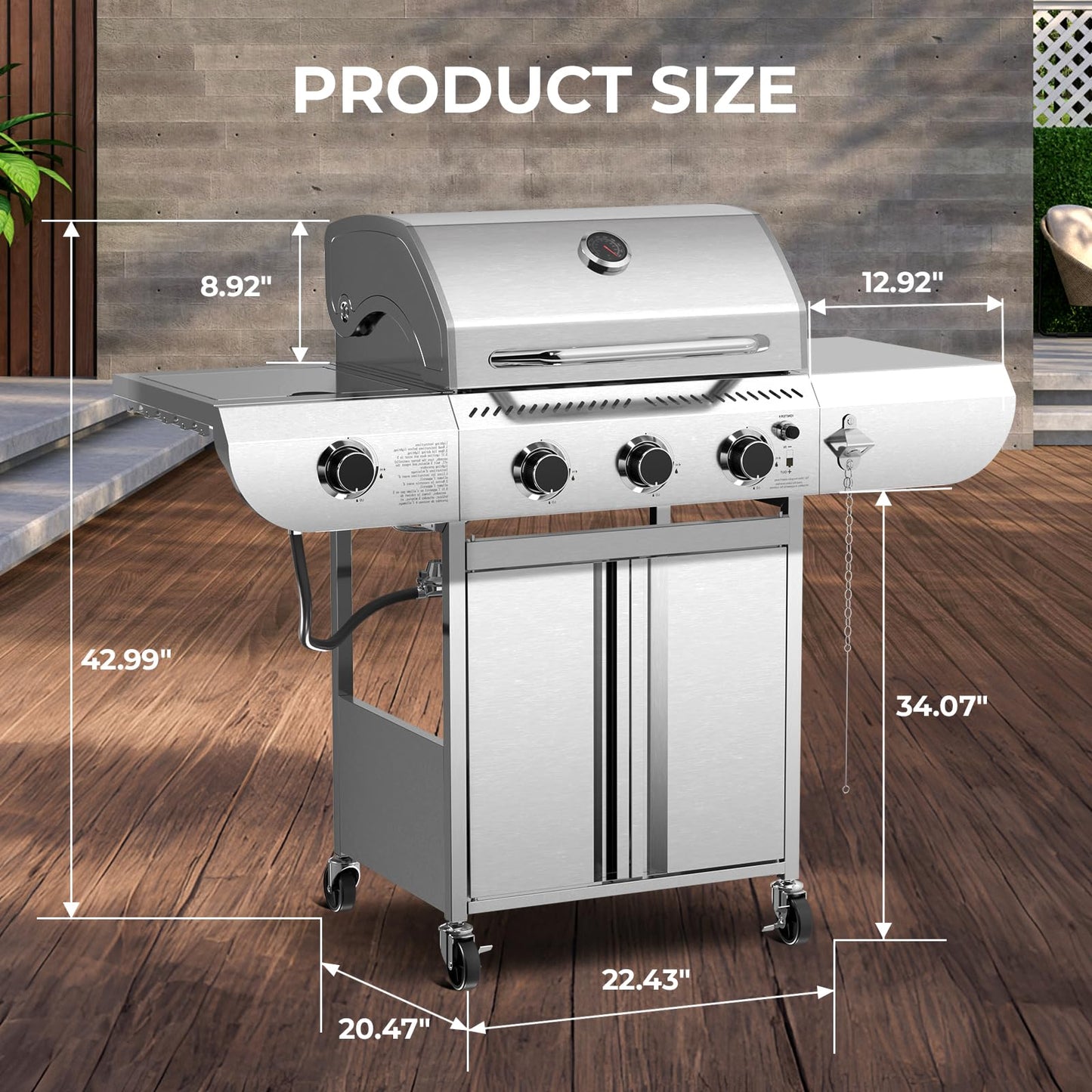 34,000 BTU 3-Burner Propane Gas Grill with Side Burner, All Stainless Steel BBQ Grill, Cast Iron Grates & Portable Cart with Wheels，Outdoor Barbecue Grill for Backyard, Patio, Camping