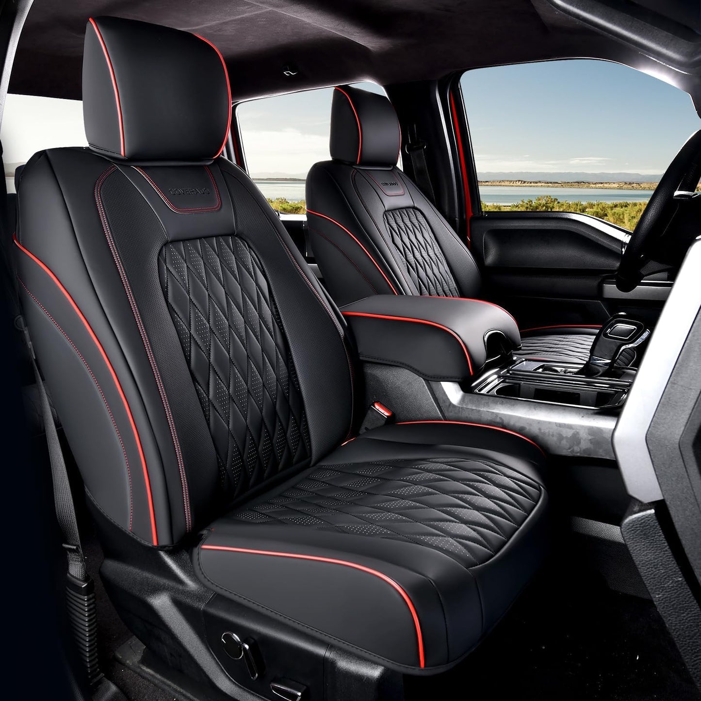 Coverado Leather Car Seat Cover, Custom Fit for Ford F150 Seat Covers, Ford F150 Truck Seat Covers Waterproof Fit for 2015-2026 F150 & 2017-2026 F250 F350 F450 Redline - Front Pair